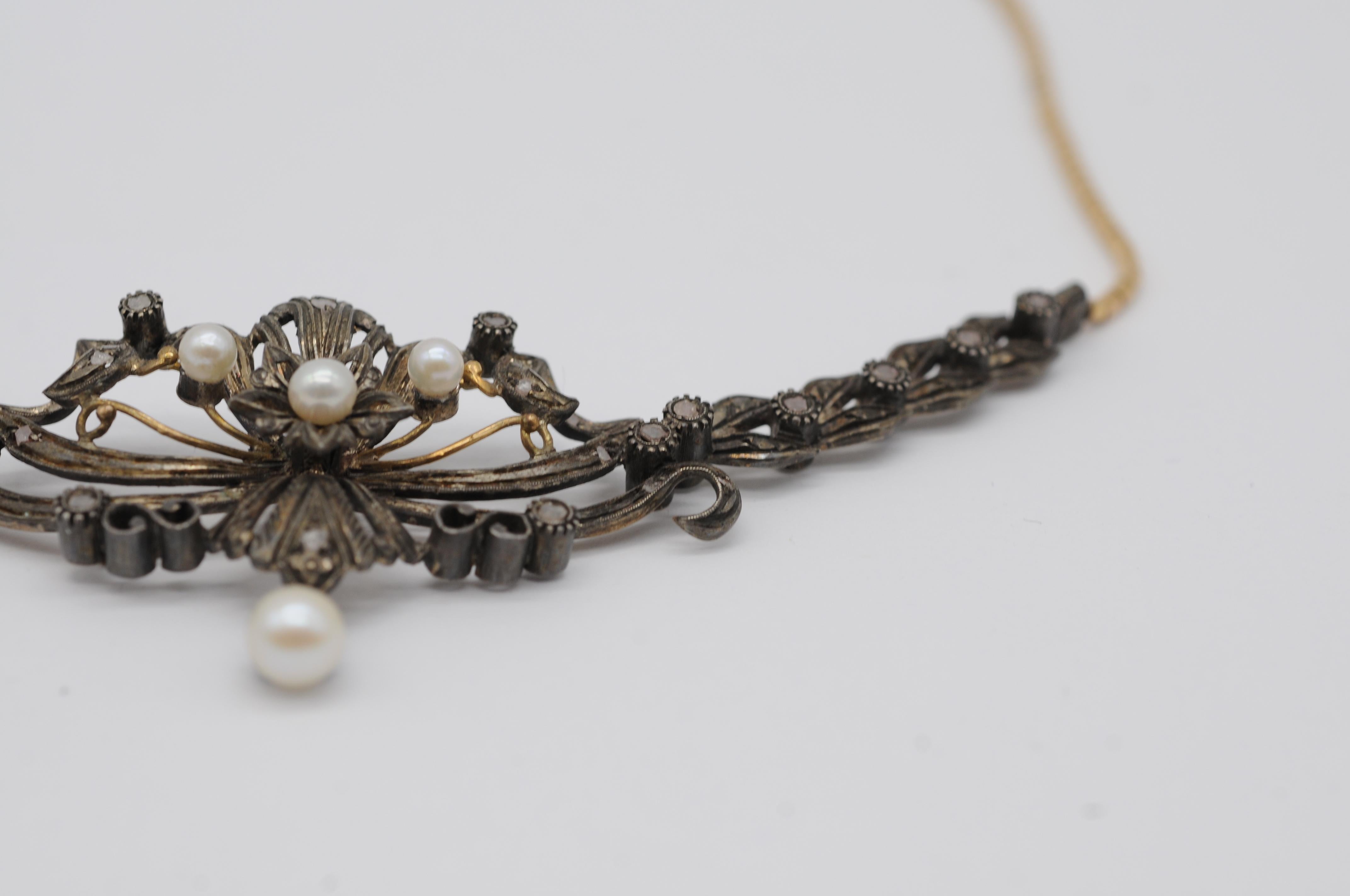Collier Art nouveau 18 carats ancien avec perles et diamants en vente 2