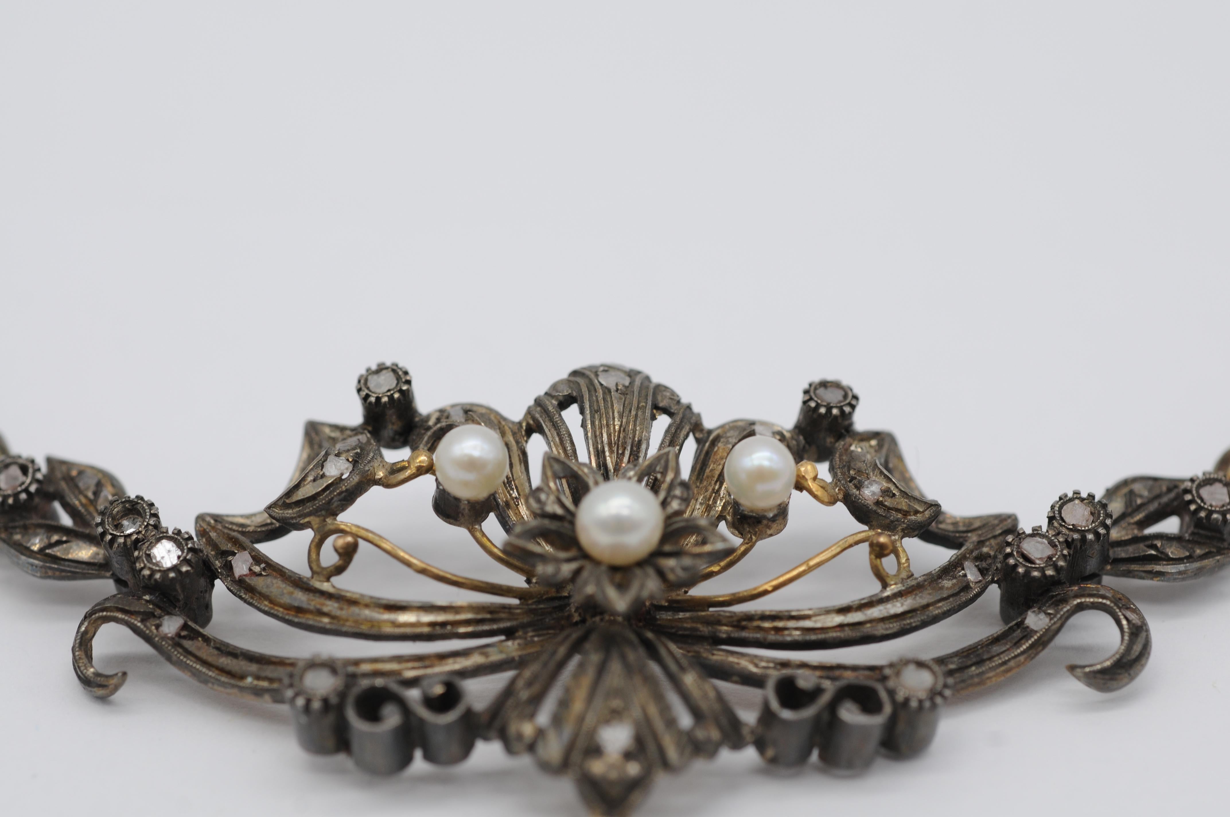 Collier Art nouveau 18 carats ancien avec perles et diamants en vente 3