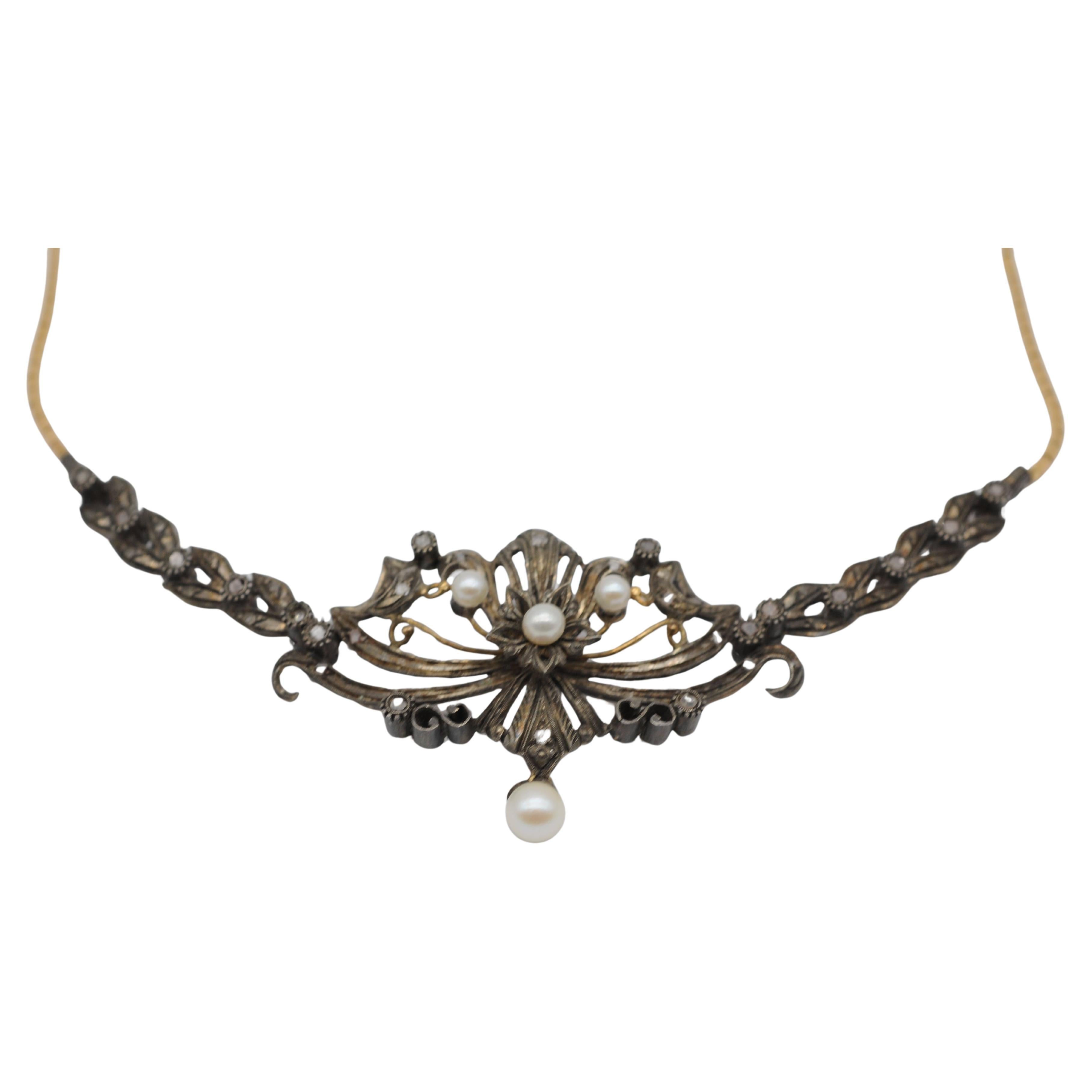 Antique 18k Art Nouveau Necklace with Pearls&Diamonds