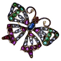 Antique 18K Butterfly Brooch with Diamonds, Sapphires, Emeralds and Rubies