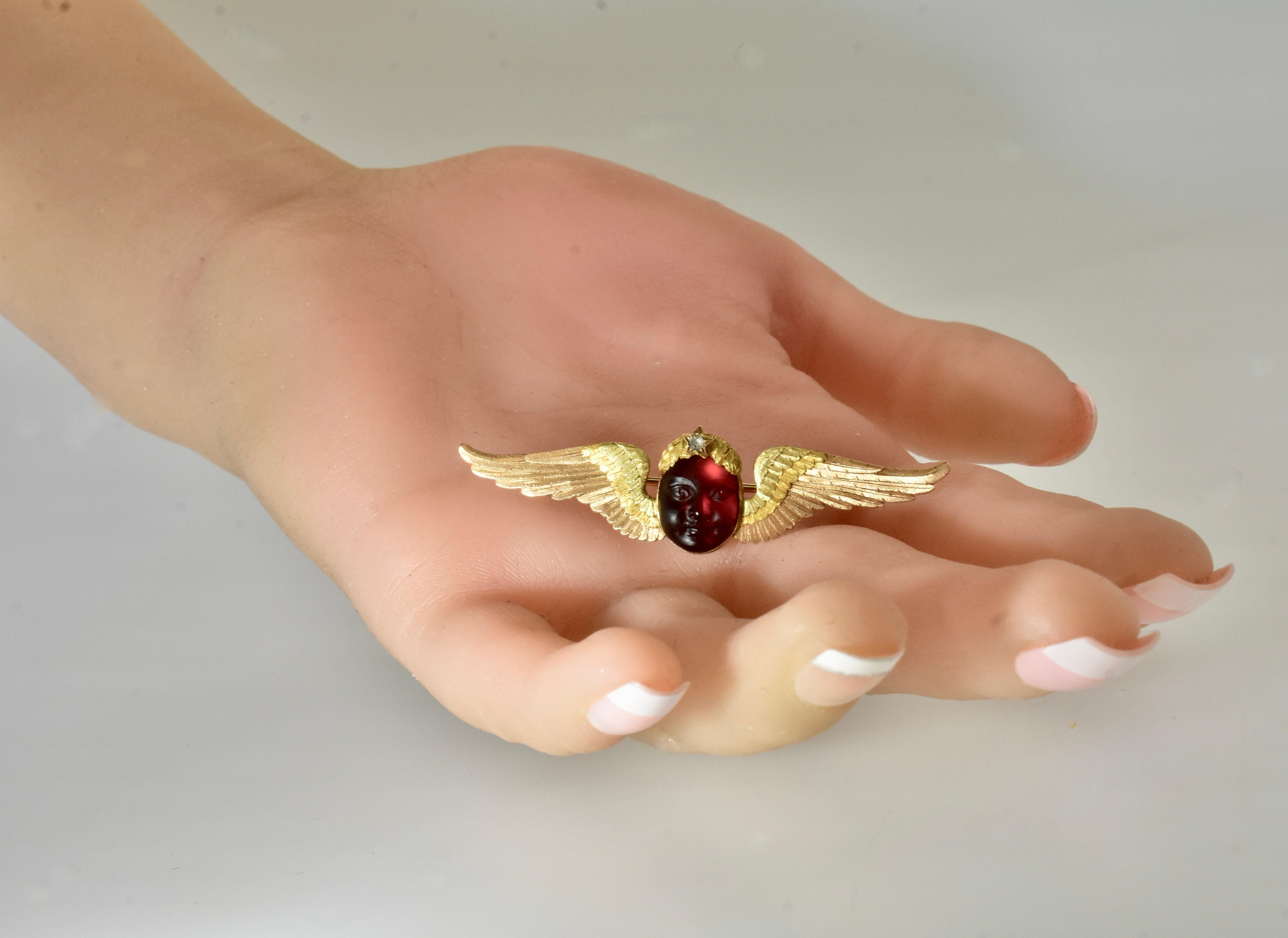 Women's Antique 18K Carved Garnet of a Cherub & Diamond Brooch, 3 colors of Gold c 1881 For Sale