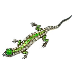 Antique 18K Demantoid (Green) Garnet and Diamond Salamander Brooch, circa 1880
