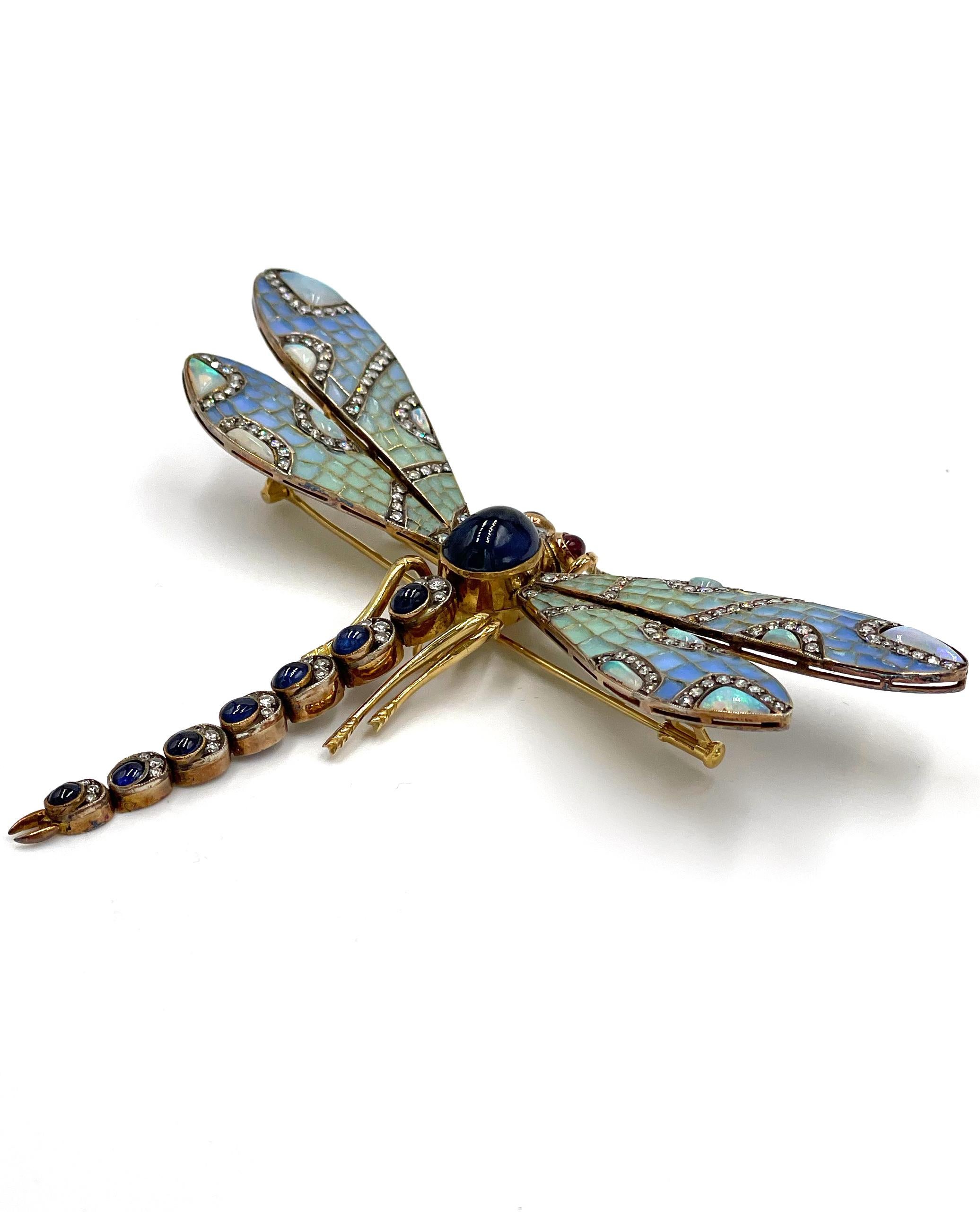 Cabochon Antique 18K Dragonfly Brooch, Circa 1880-1910 For Sale