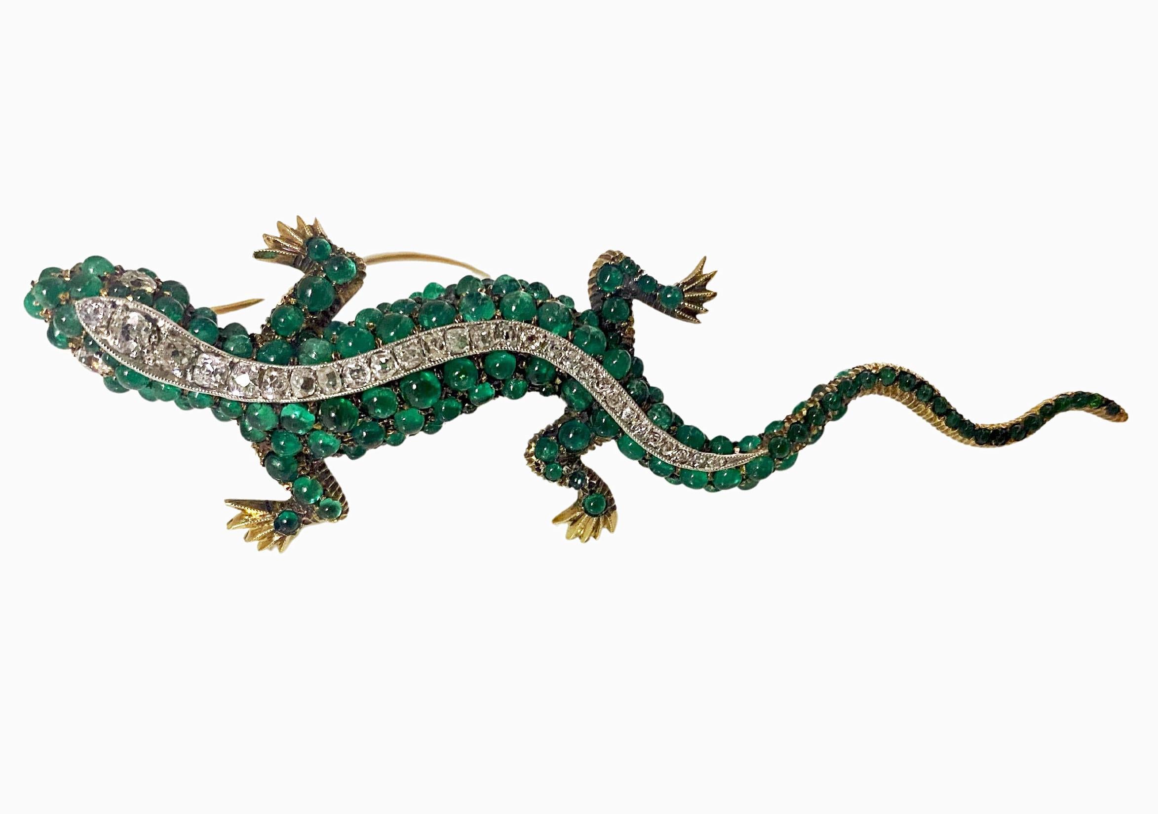 Cabochon Antique 18K Emerald and Diamond salamander brooch C.1900