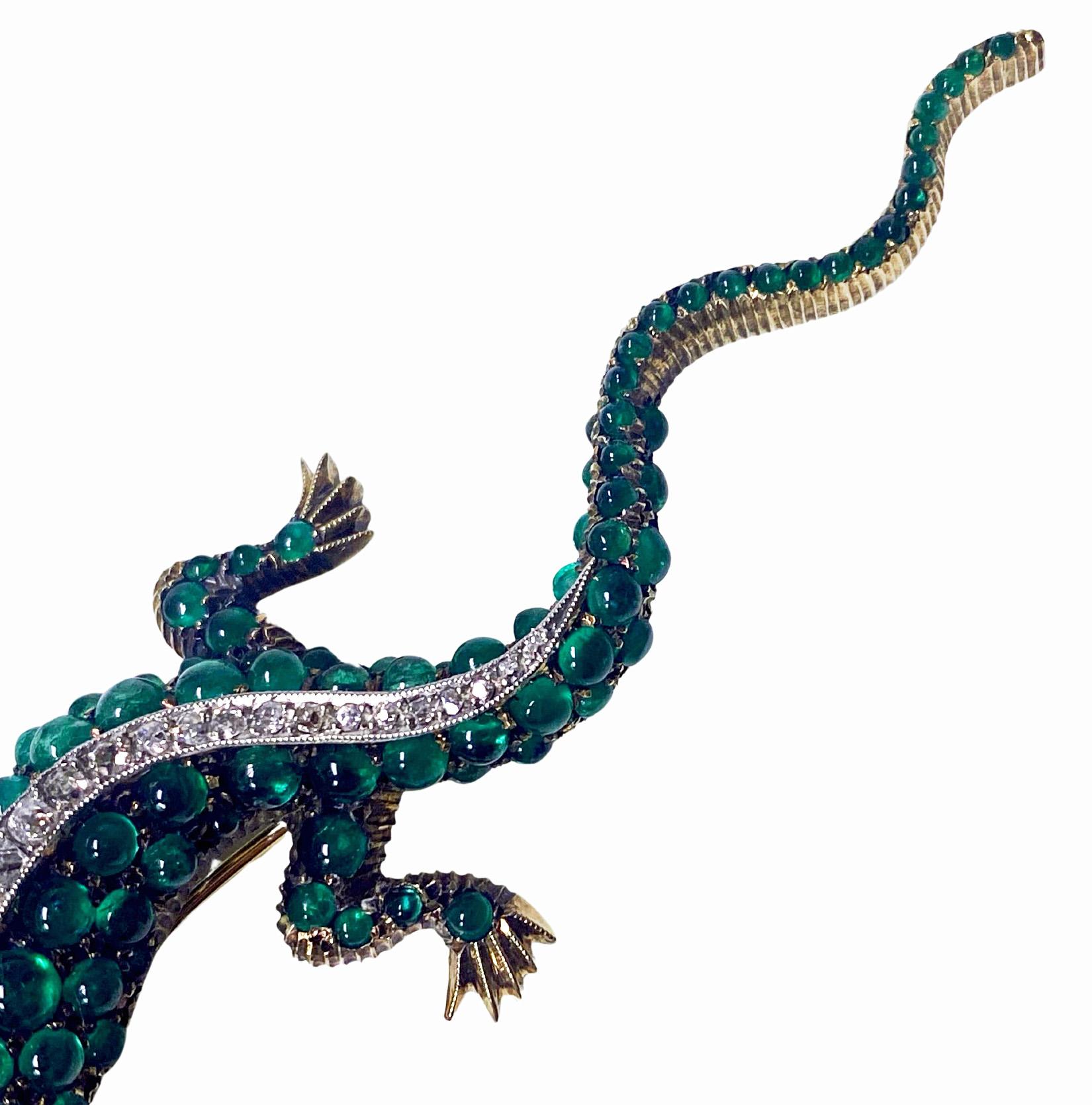 Women's or Men's Antique 18K Emerald and Diamond salamander brooch C.1900