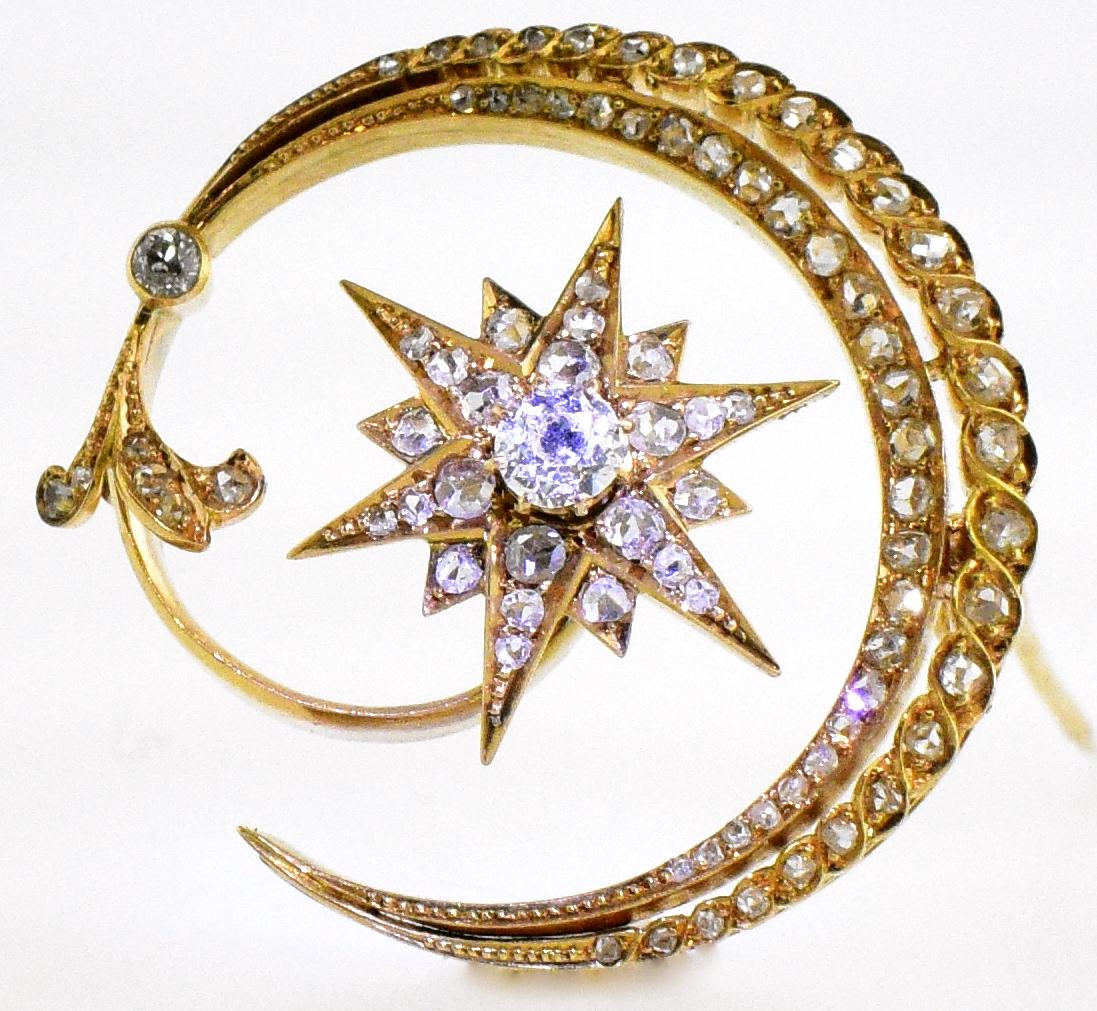 Victorian Antique 18 Karat En Tremblant Diamond New Moon and Star Brooch, circa 1850