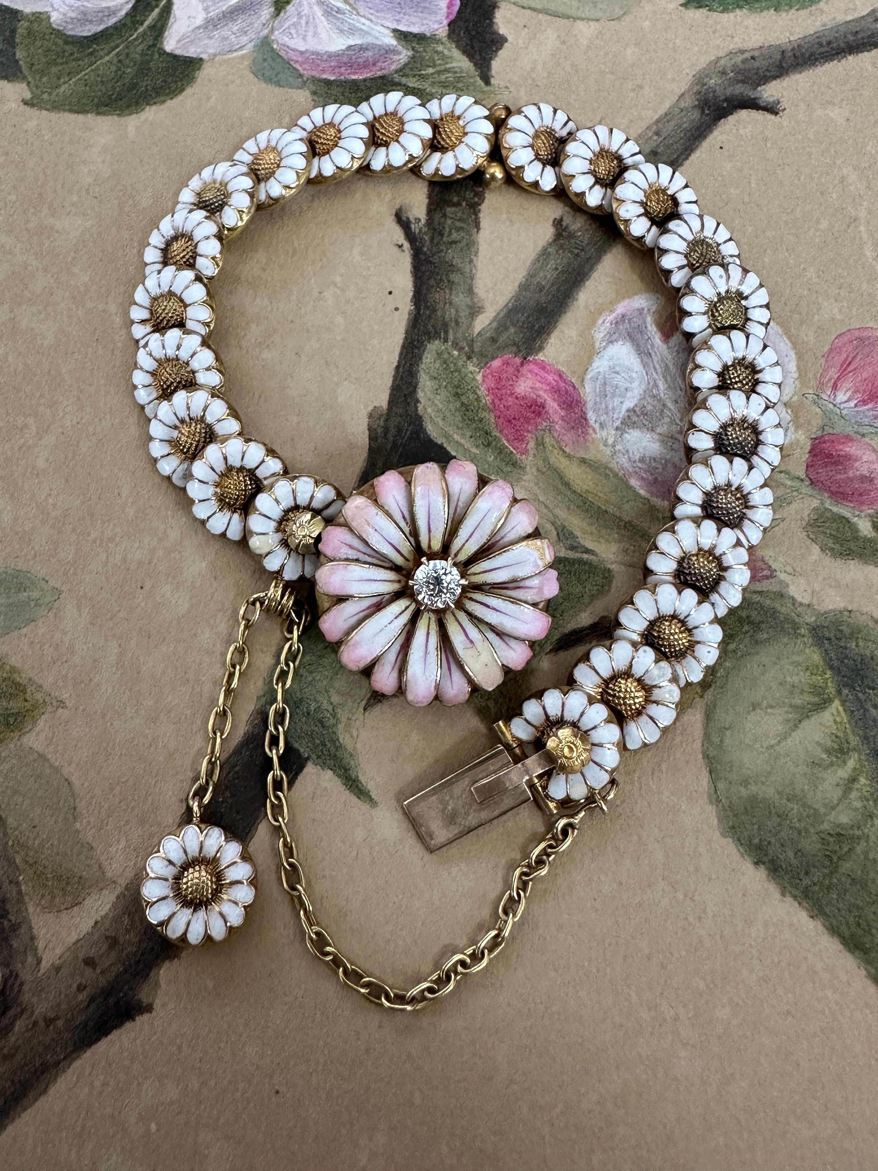 Women's Antique 18K Enamel and Diamond Daisy Bracelet For Sale
