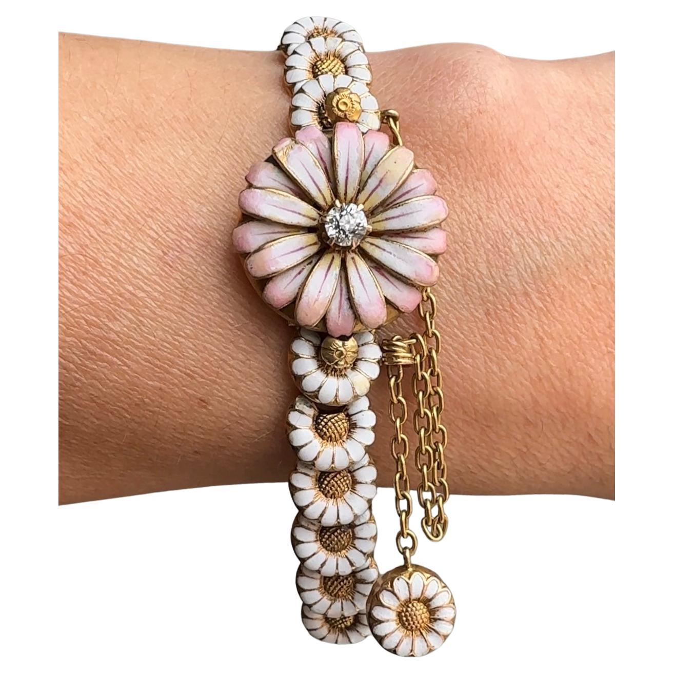 Antique 18K Enamel and Diamond Daisy Bracelet For Sale