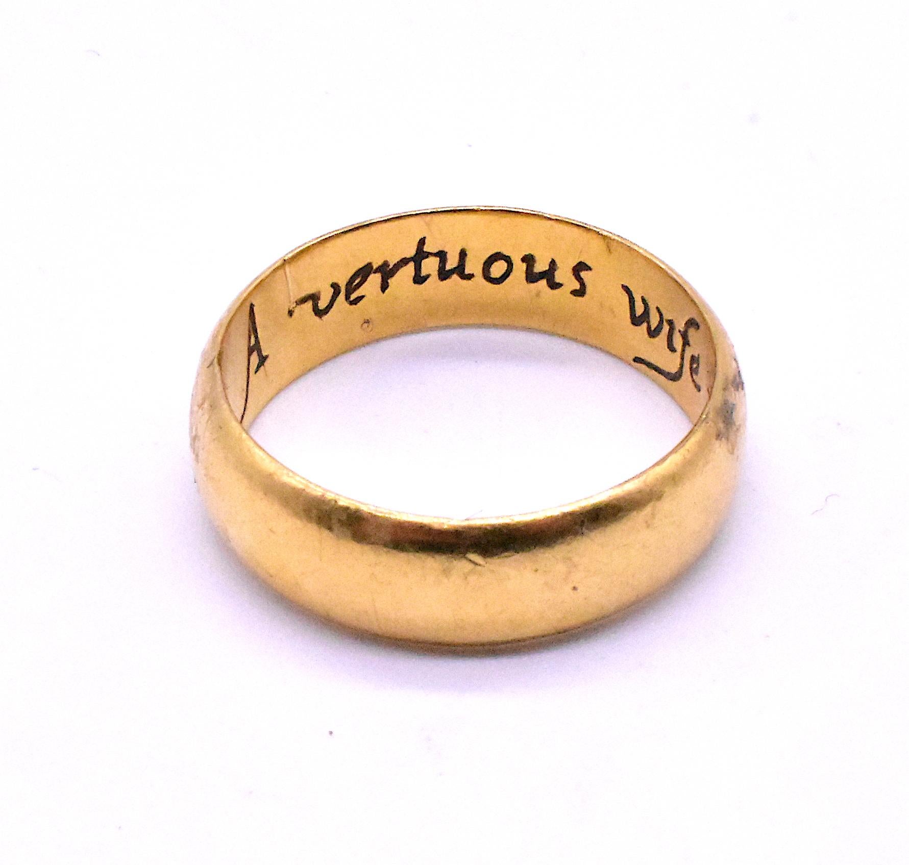 Poesy rings were popular in England and France during the 16th through the 17th centuries as lover's gifts. The quotations were often from courtship stories and are usually inscribed on the inner surface of the ring. Inscriptions were often