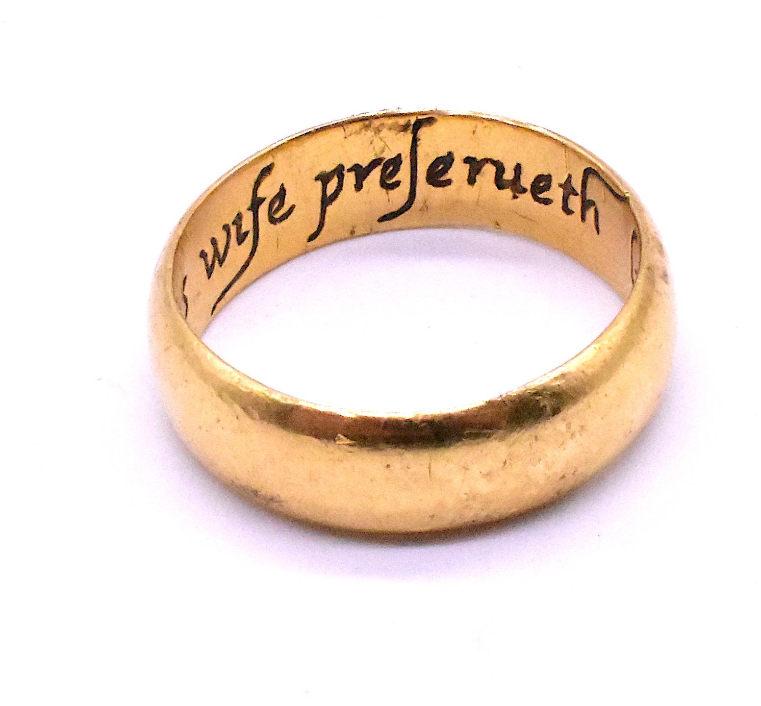 HM 1612 gravierter Poesie- oder Posy-Ring „A Vertuous Wife Preferreth Life“ im Zustand „Hervorragend“ in Baltimore, MD