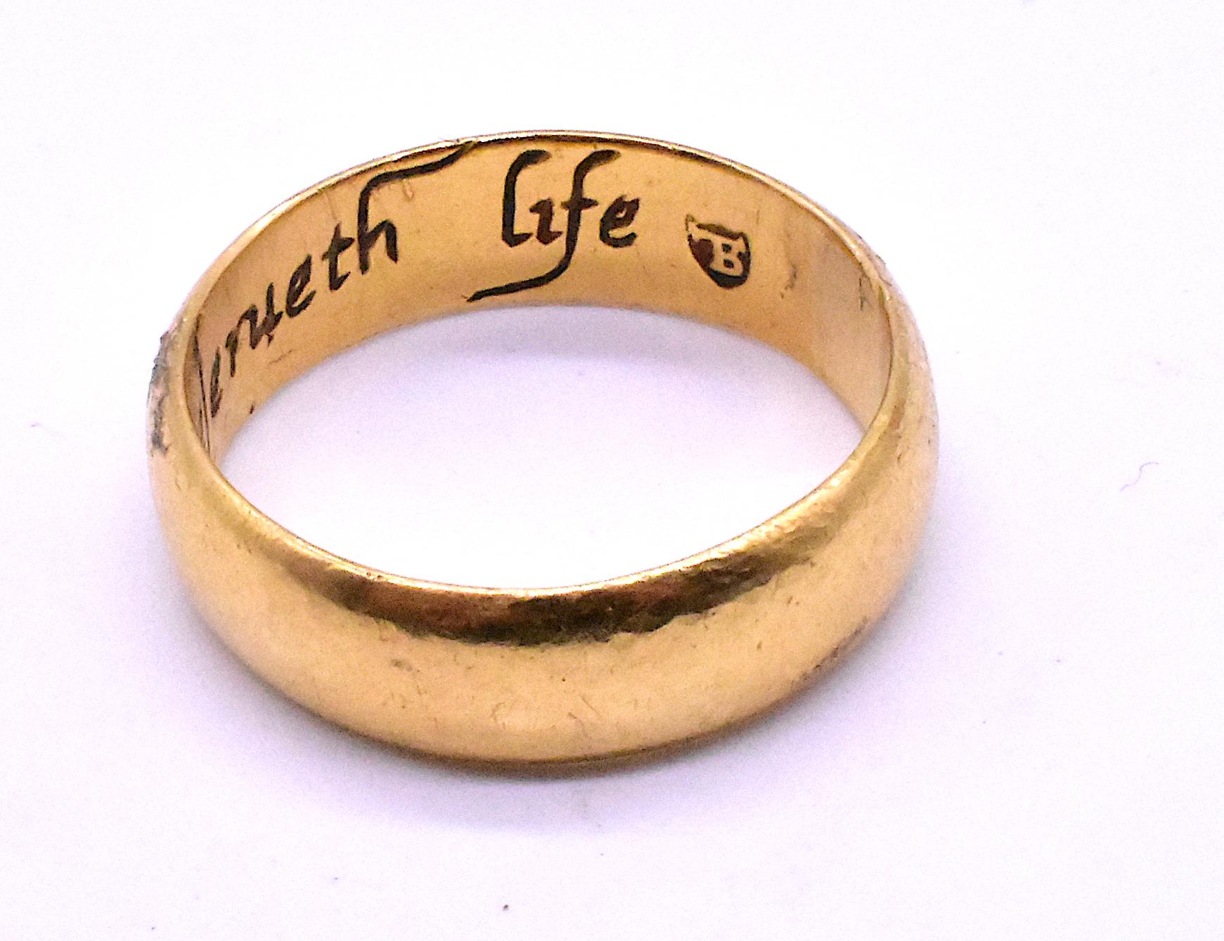 HM 1612 gravierter Poesie- oder Posy-Ring „A Vertuous Wife Preferreth Life“ 1