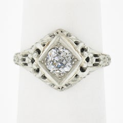 Antique 18k Gold 0.60ct Old Mine Cushion Diamond Floral Filigree Engagement Ring