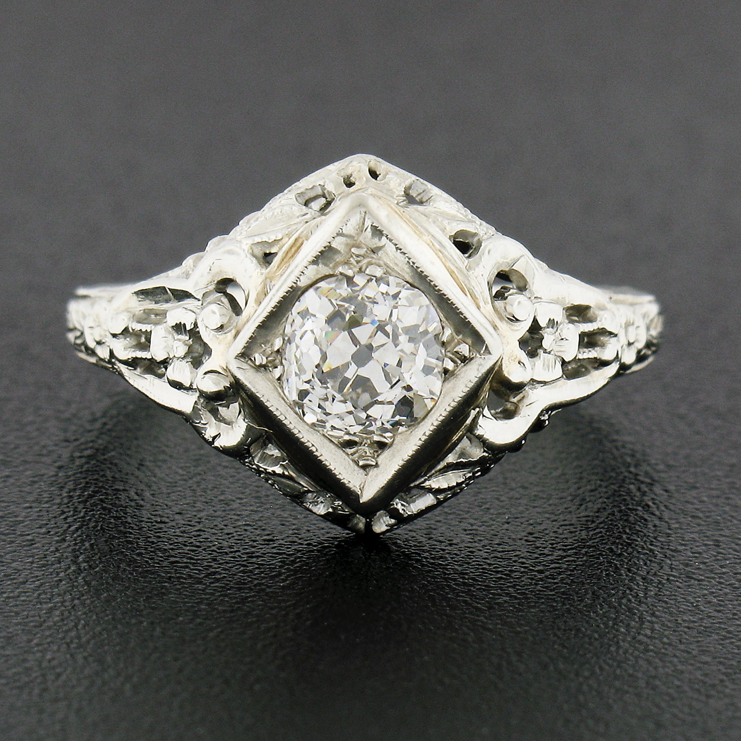 Old Mine Cut Antique 18k Gold 0.60ct Old Mine Cushion Diamond Floral Filigree Engagement Ring For Sale