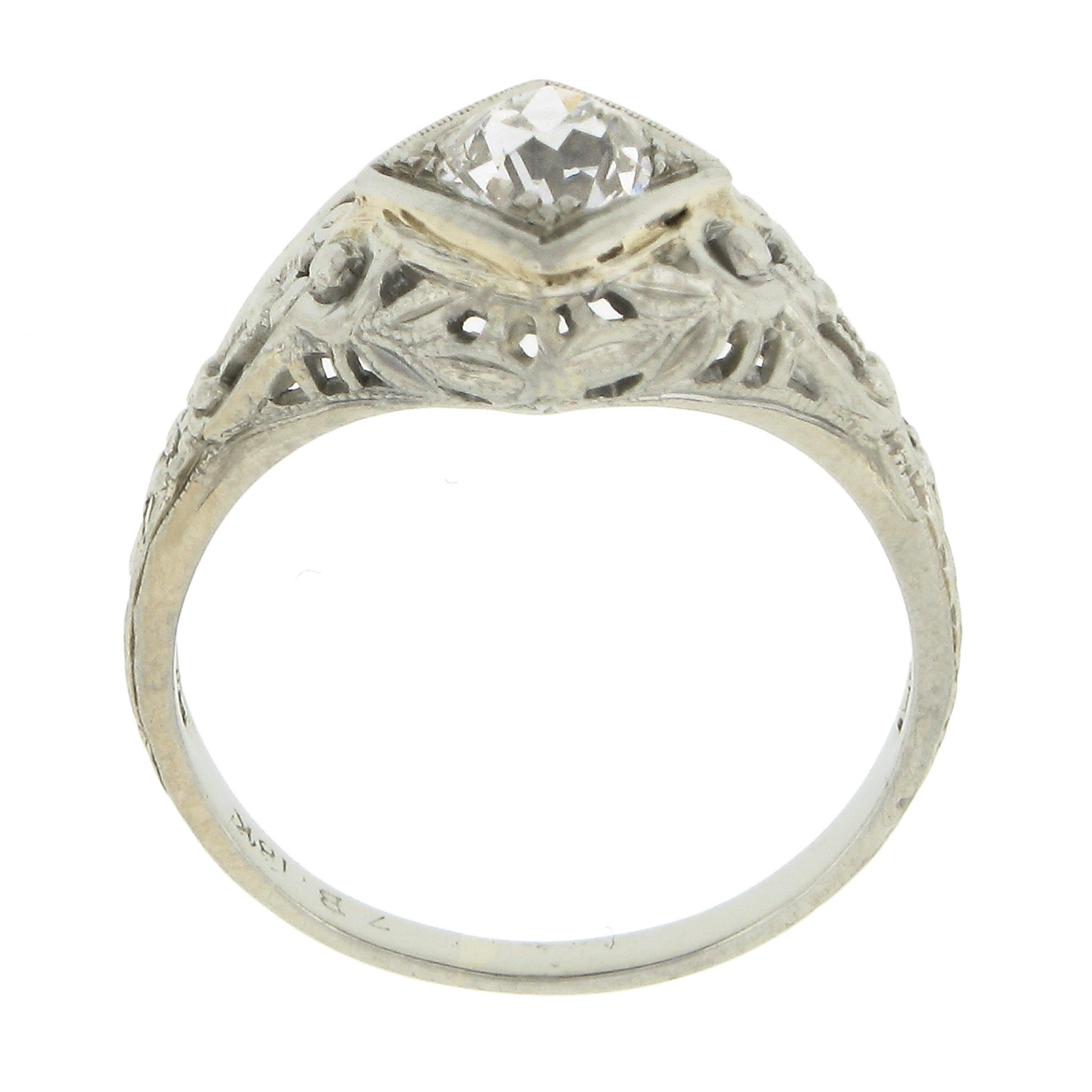 Antique 18k Gold 0.60ct Old Mine Cushion Diamond Floral Filigree Engagement Ring For Sale 3