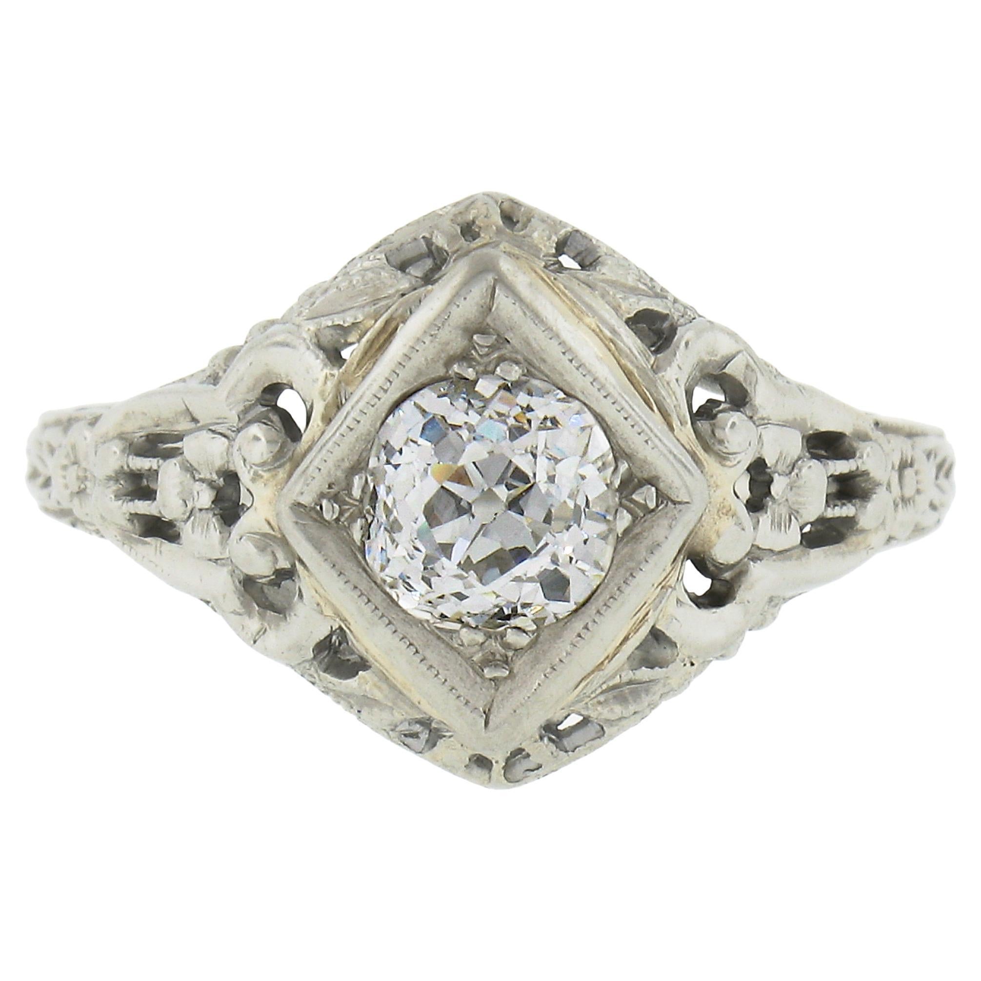 Antique 18k Gold 0.60ct Old Mine Cushion Diamond Floral Filigree Engagement Ring