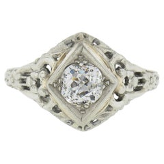 Antique 18k Gold 0.60ct Old Mine Cushion Diamond Floral Filigree Engagement Ring
