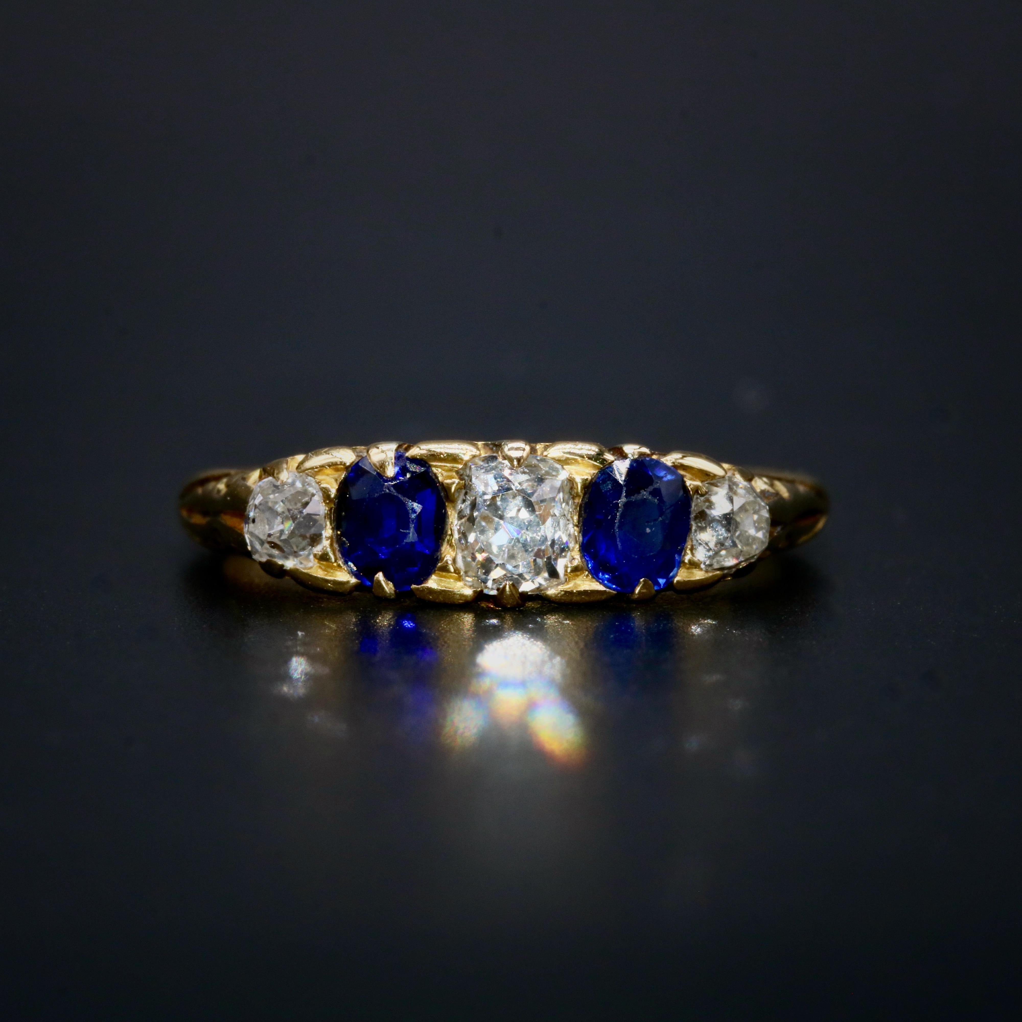 Victorian Antique 18K Gold 1.04tgw Diamond & Sapphire 5 Stone Ring with Scrolled Gallery For Sale