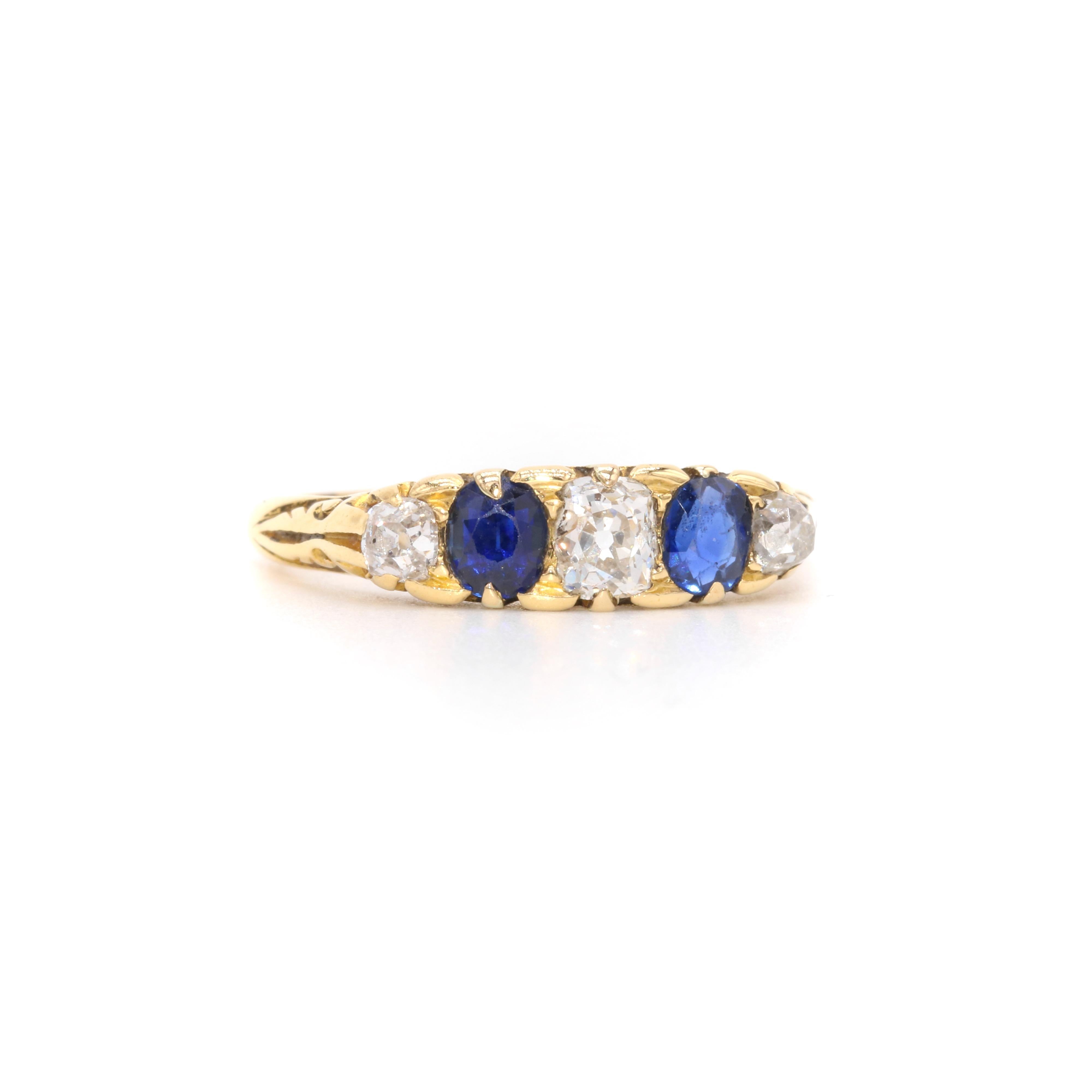 Old Mine Cut Antique 18K Gold 1.04tgw Diamond & Sapphire 5 Stone Ring with Scrolled Gallery For Sale