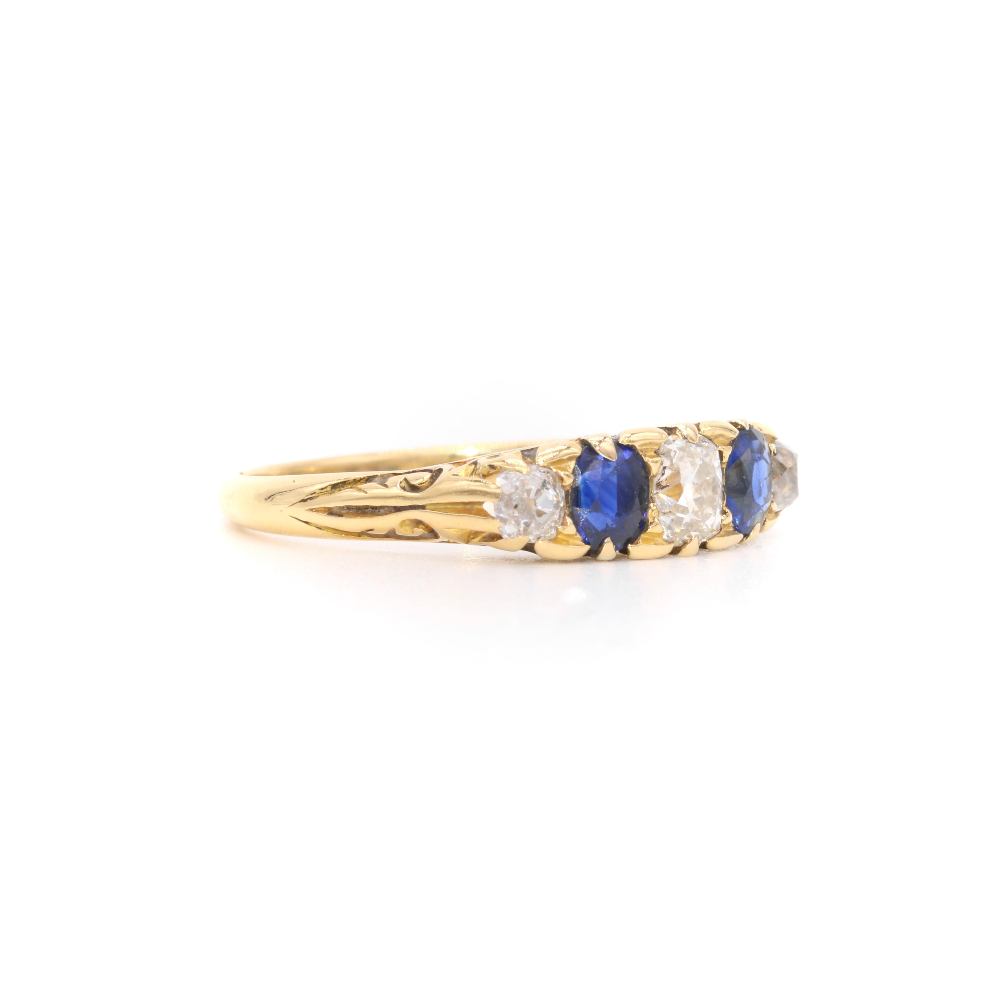 Women's or Men's Antique 18K Gold 1.04tgw Diamond & Sapphire 5 Stone Ring with Scrolled Gallery For Sale