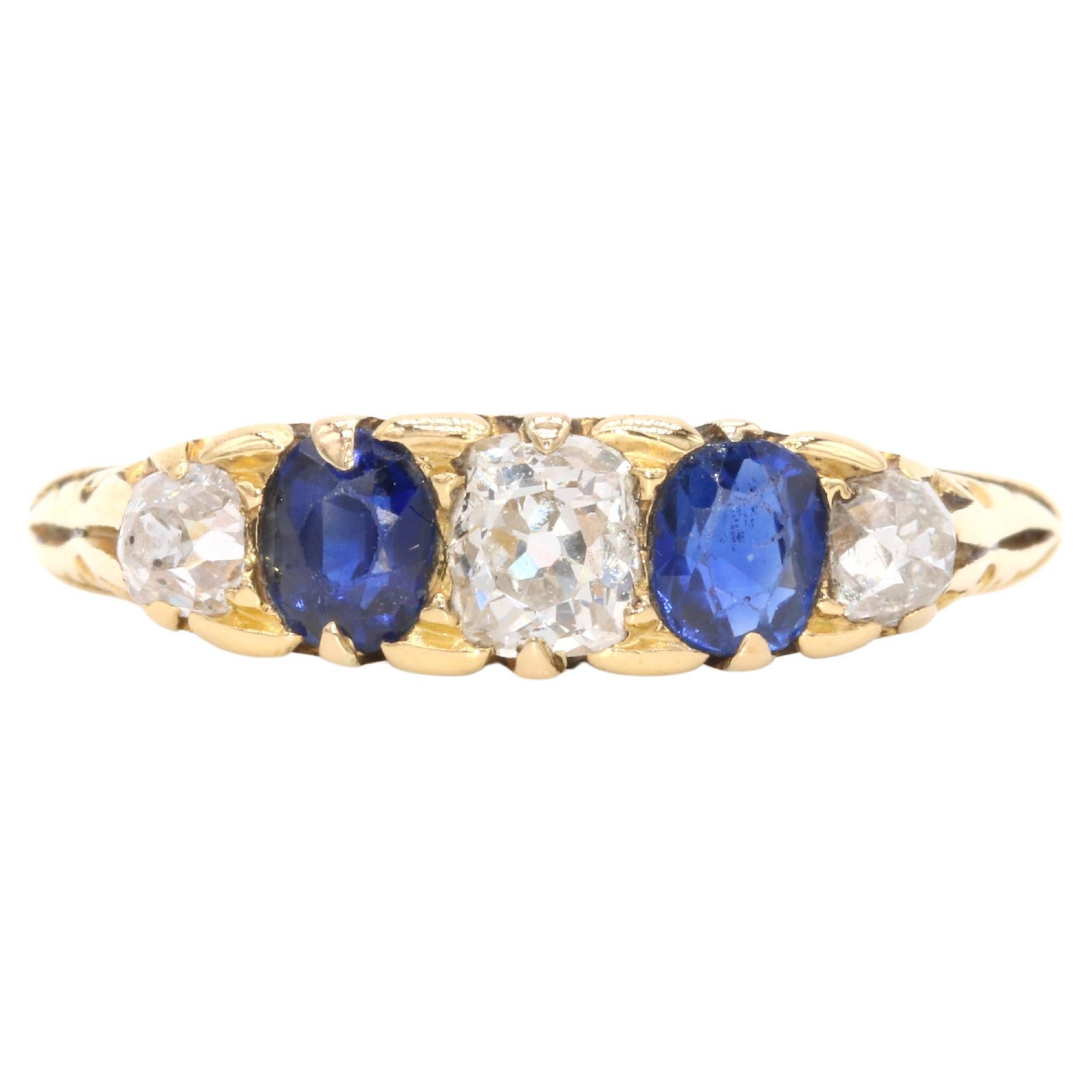 Antique 18K Gold 1.04tgw Diamond & Sapphire 5 Stone Ring with Scrolled Gallery For Sale