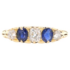 Antique 18K Gold 1.04tgw Diamond & Sapphire 5 Stone Ring with Scrolled Gallery