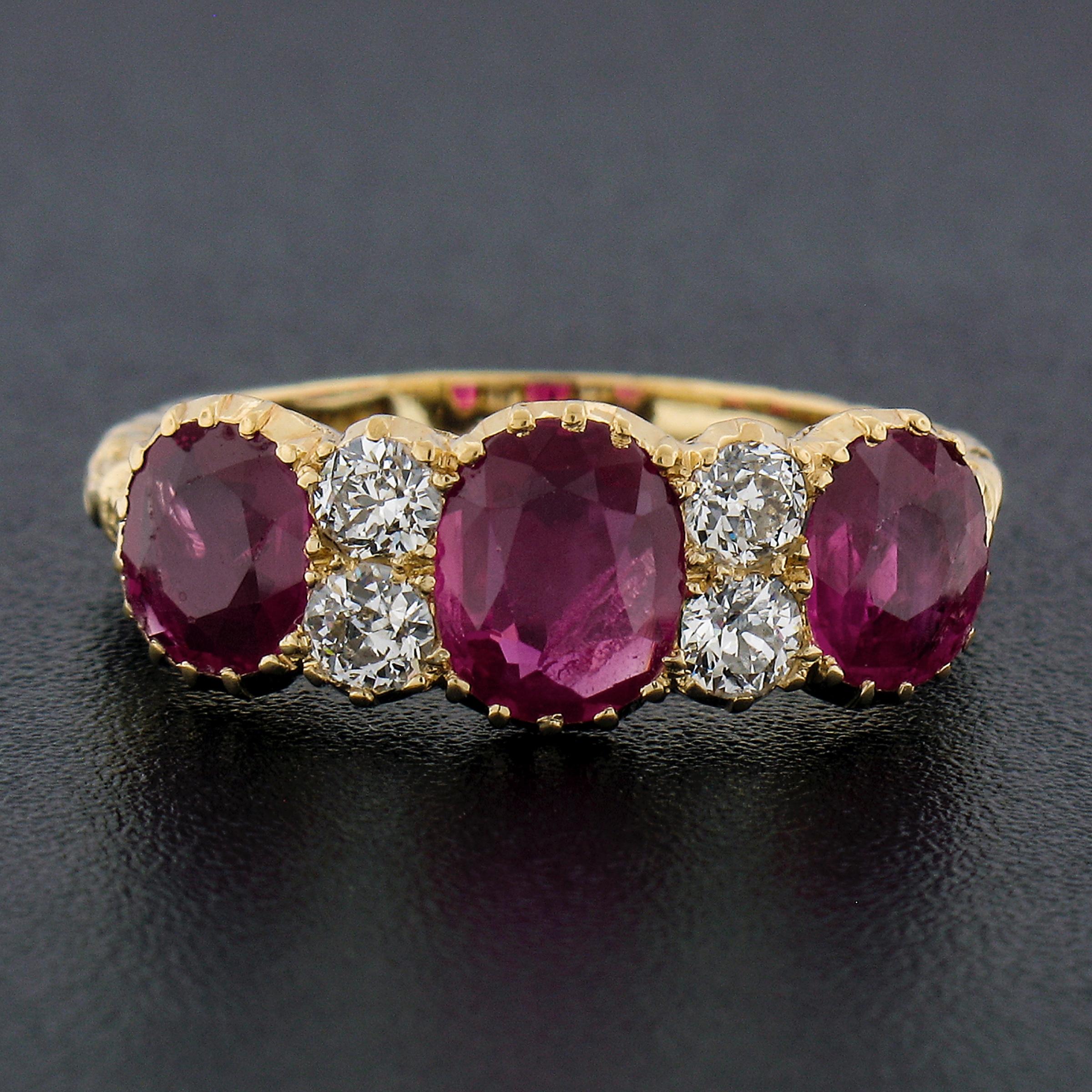 Victorian Antique 18k Gold 1.78ct GIA Oval Burma Ruby Old Diamond Scroll Work Band Ring For Sale