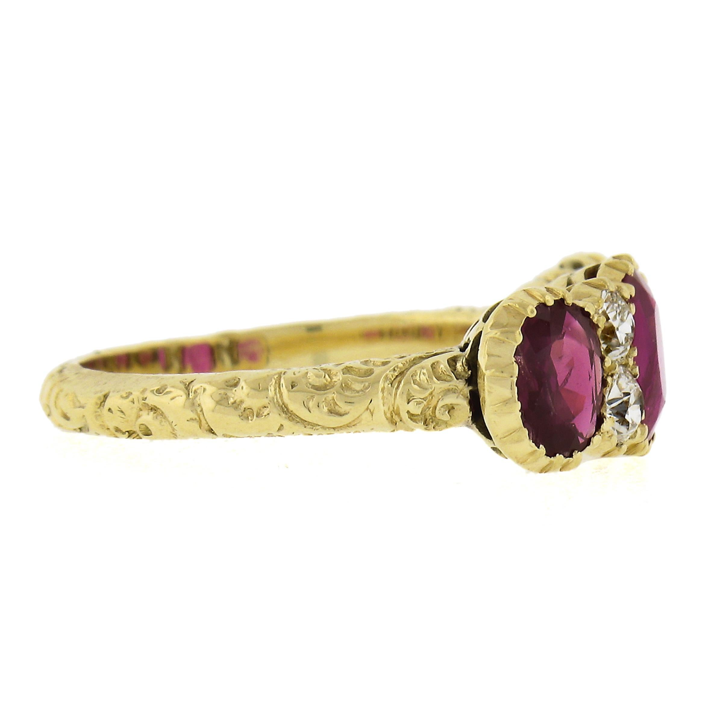Antique 18k Gold 1.78ct GIA Oval Burma Ruby Old Diamond Scroll Work Band Ring In Excellent Condition For Sale In Montclair, NJ