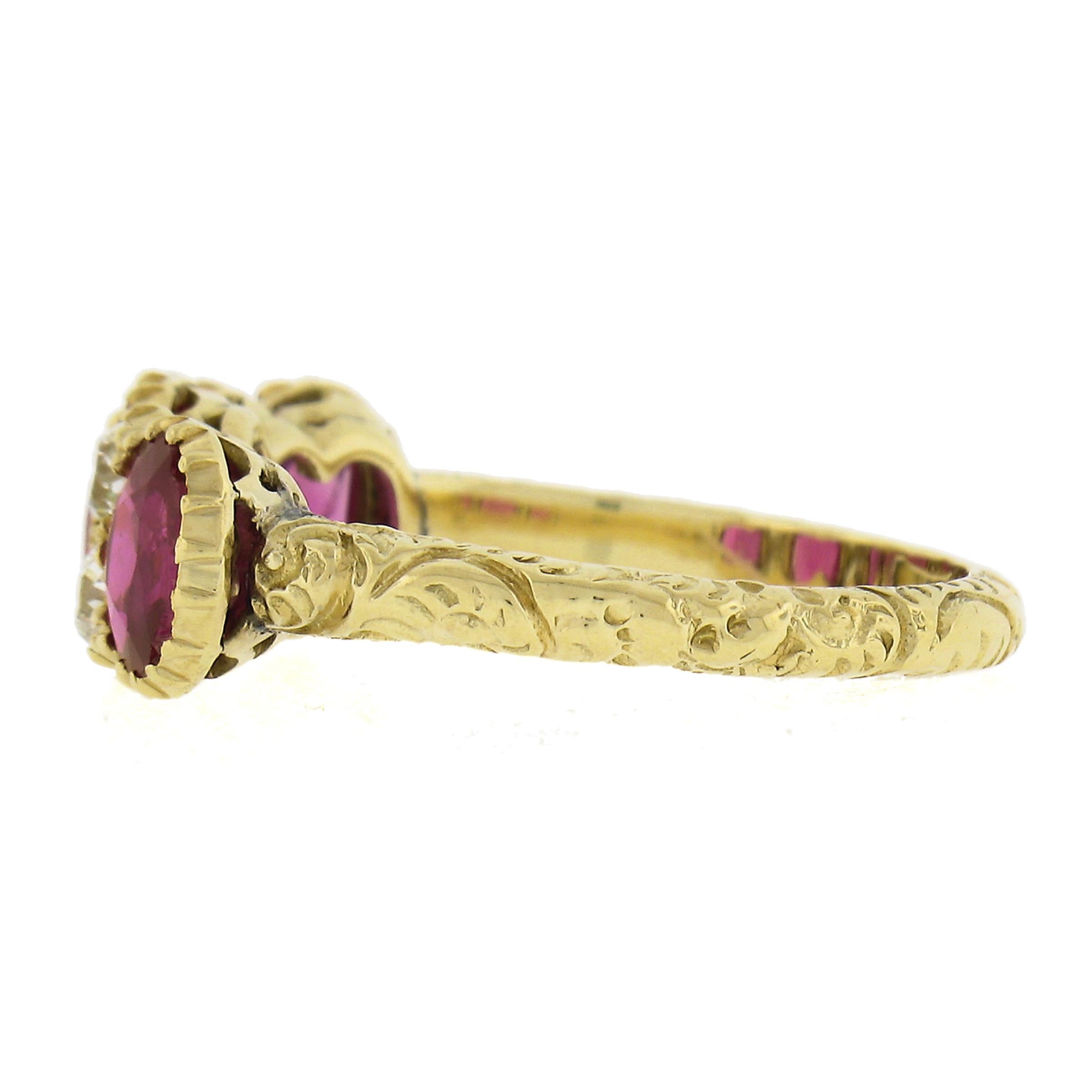 Women's Antique 18k Gold 1.78ct GIA Oval Burma Ruby Old Diamond Scroll Work Band Ring For Sale