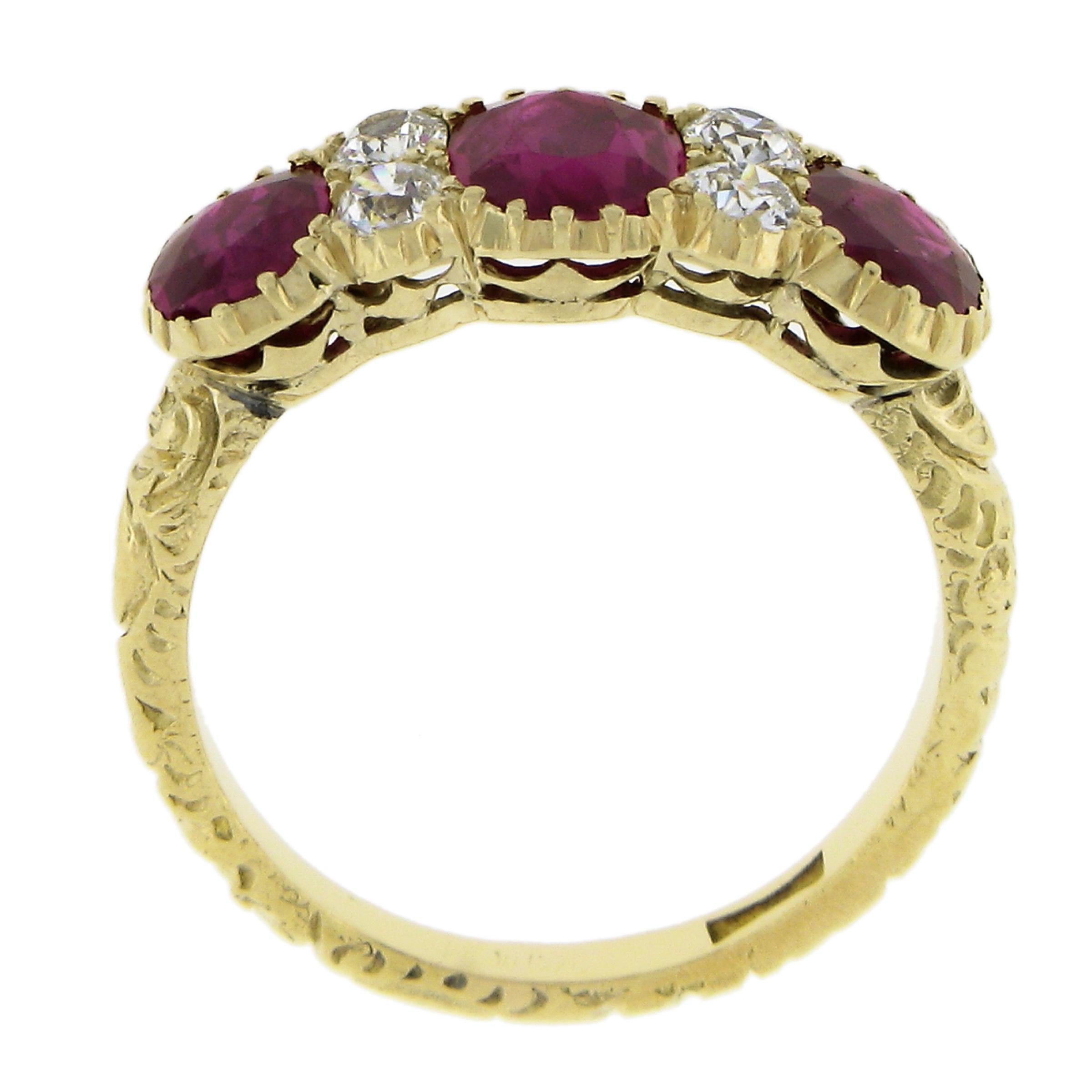 Antique 18k Gold 1.78ct GIA Oval Burma Ruby Old Diamond Scroll Work Band Ring For Sale 2