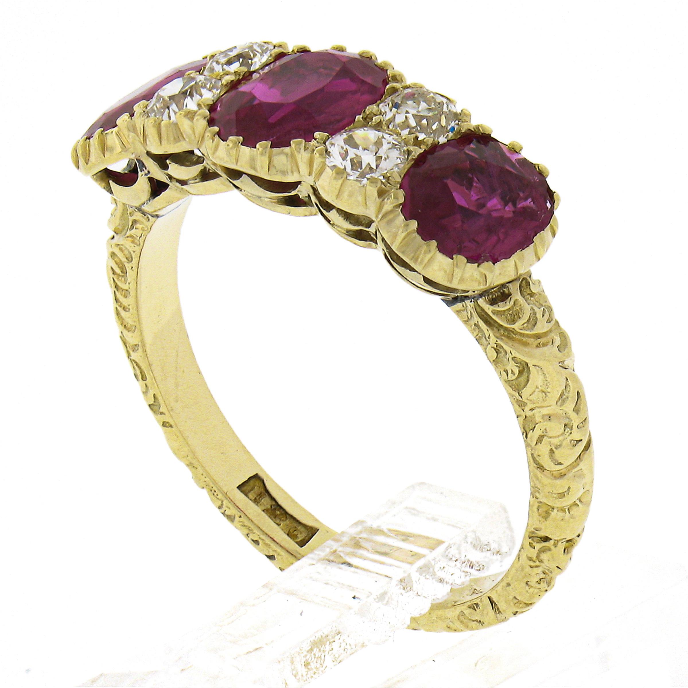 Antique 18k Gold 1.78ct GIA Oval Burma Ruby Old Diamond Scroll Work Band Ring For Sale 3