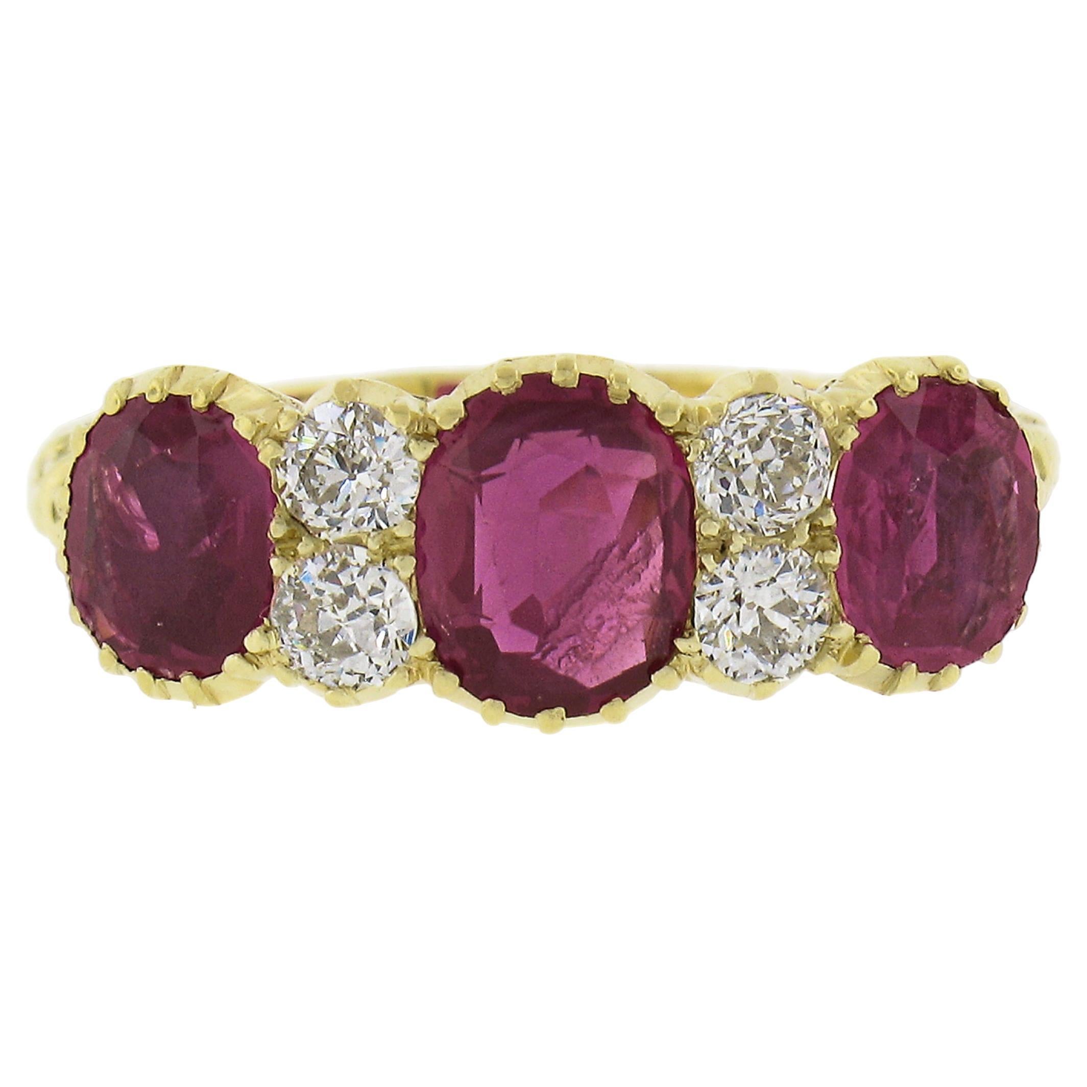 Antique 18k Gold 1.78ct GIA Oval Burma Ruby Old Diamond Scroll Work Band Ring For Sale