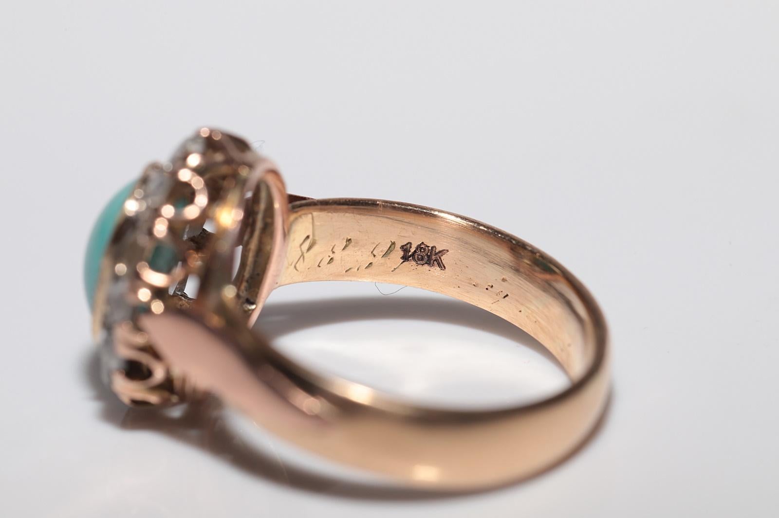Antique 18k Gold 1888 Written Natural Rose Cut Diamond And Turquoise Ring For Sale 6