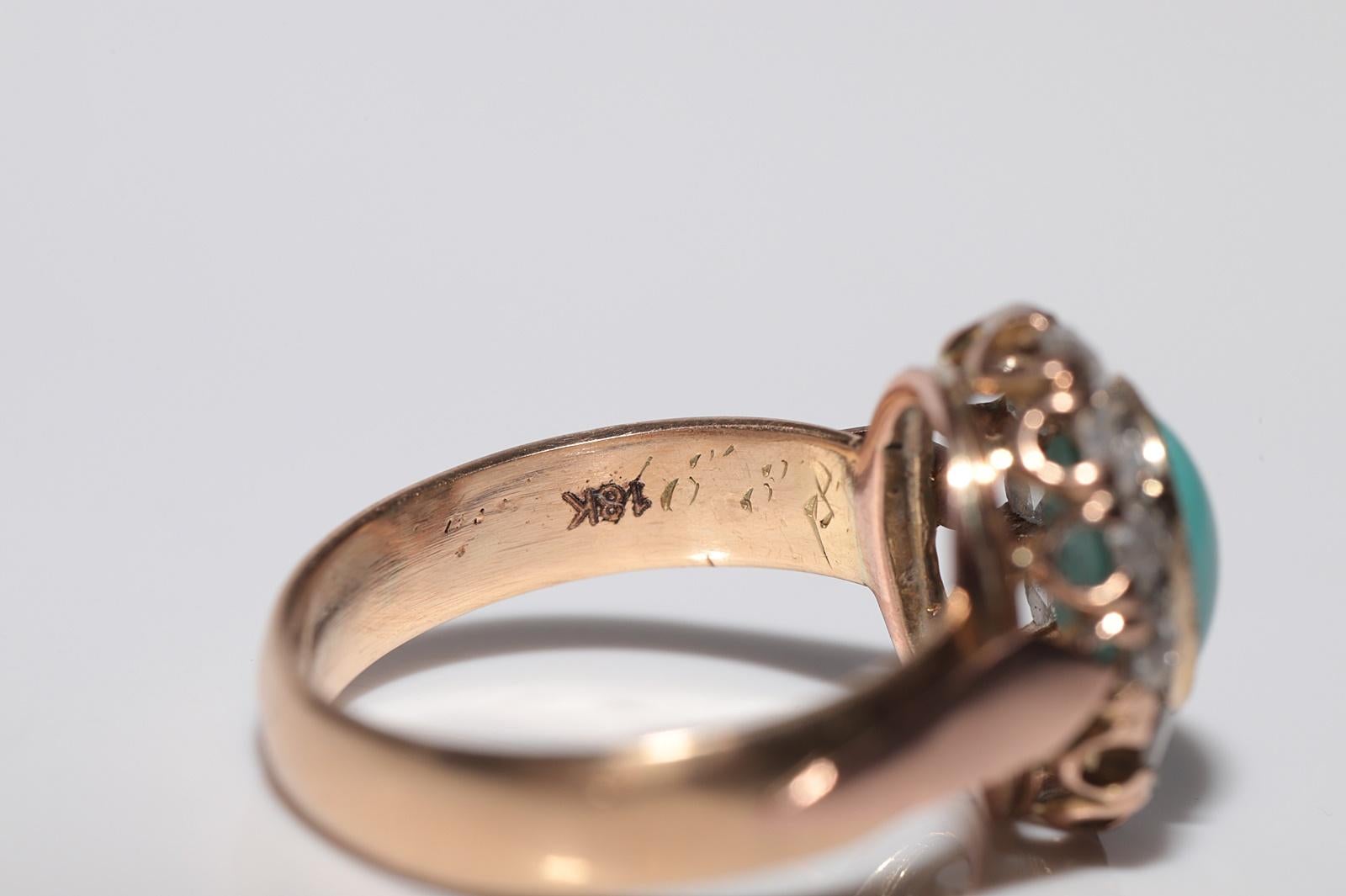 Antique 18k Gold 1888 Written Natural Rose Cut Diamond And Turquoise Ring For Sale 7
