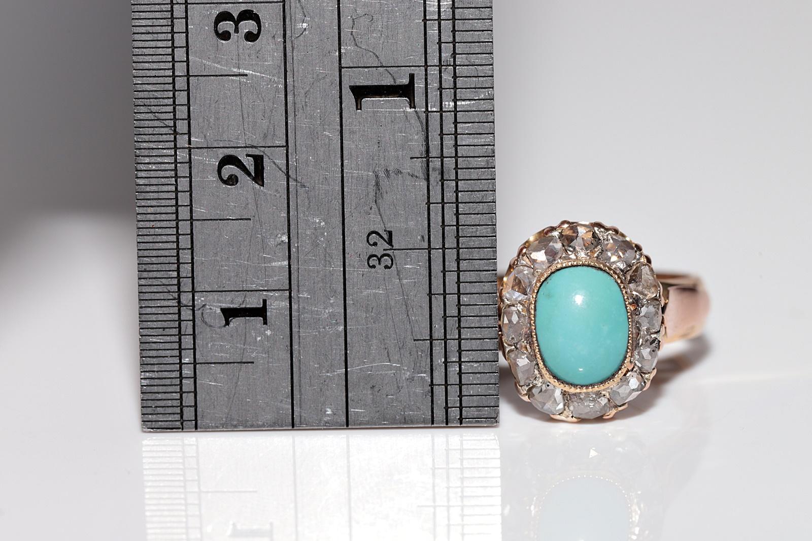 Antique 18k Gold 1888 Written Natural Rose Cut Diamond And Turquoise Ring For Sale 9