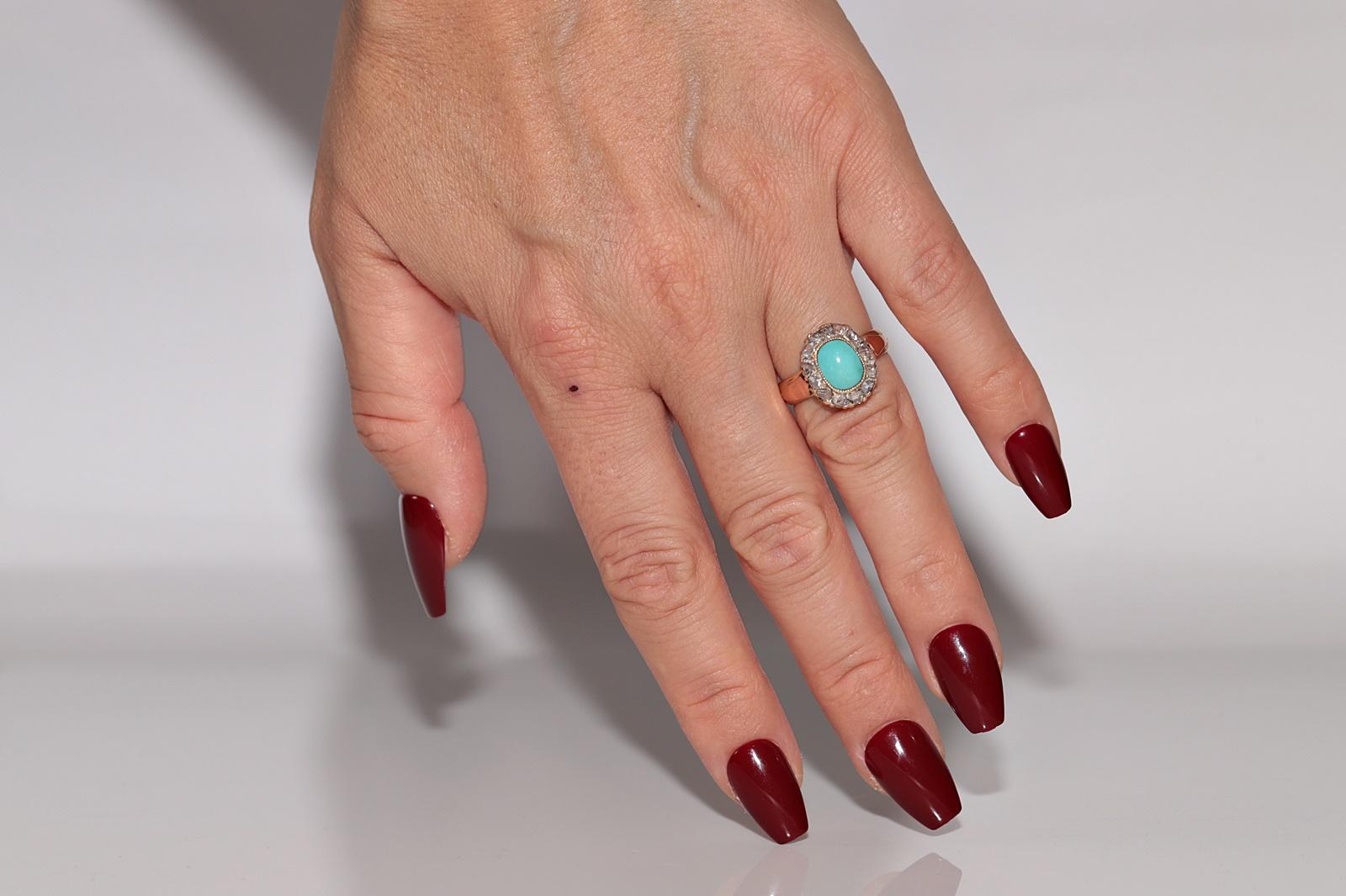 Antique 18k Gold 1888 Written Natural Rose Cut Diamond And Turquoise Ring For Sale 12