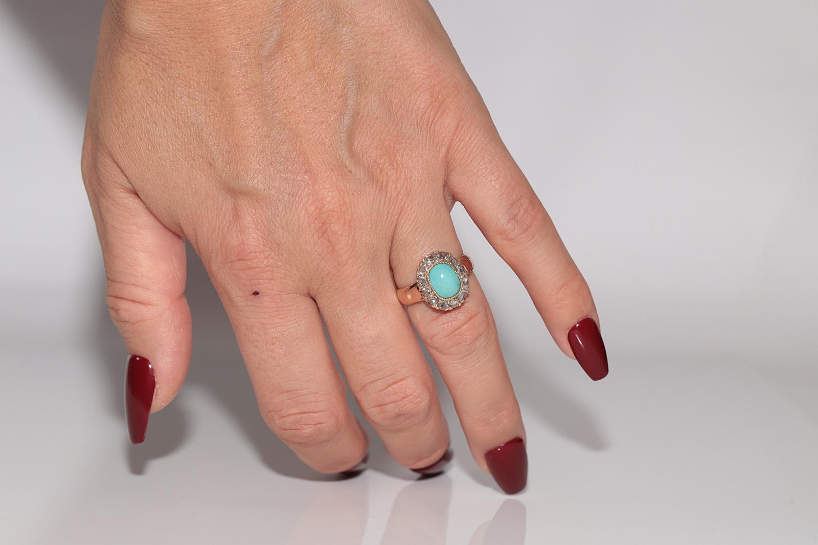 Antique 18k Gold 1888 Written Natural Rose Cut Diamond And Turquoise Ring For Sale 13