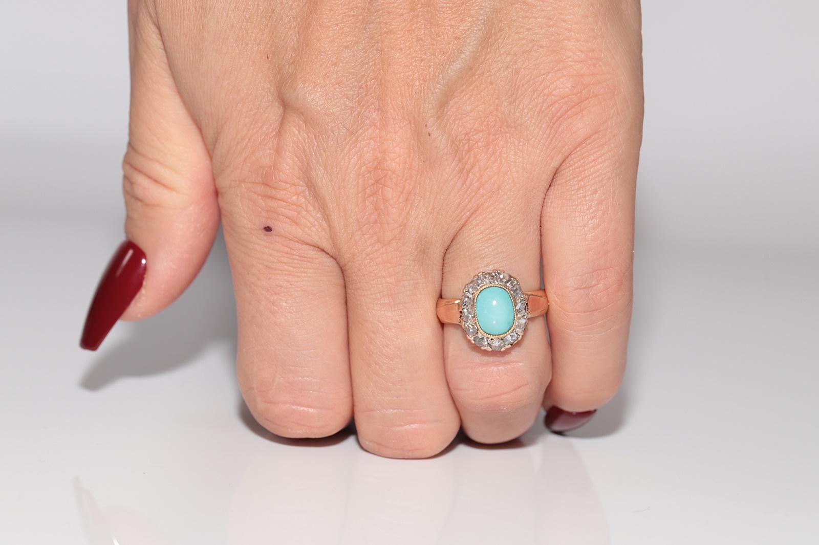 Antique 18k Gold 1888 Written Natural Rose Cut Diamond And Turquoise Ring For Sale 14