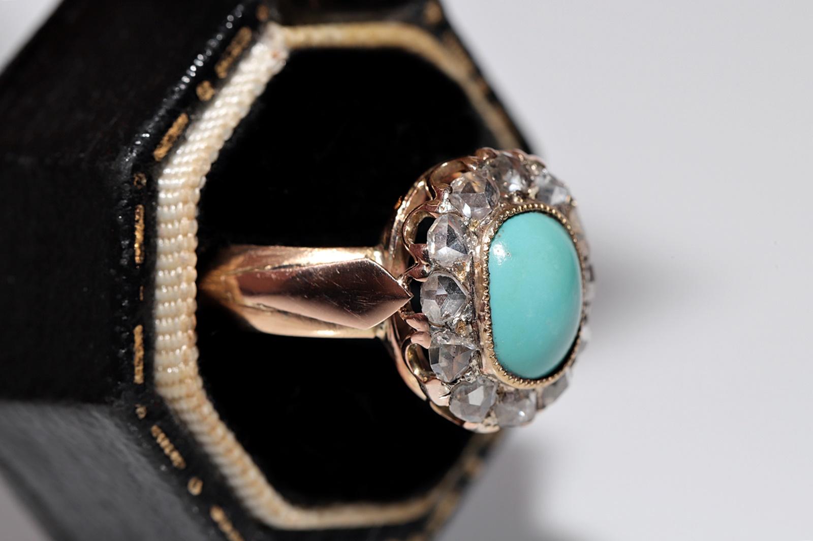 Victorian Antique 18k Gold 1888 Written Natural Rose Cut Diamond And Turquoise Ring For Sale