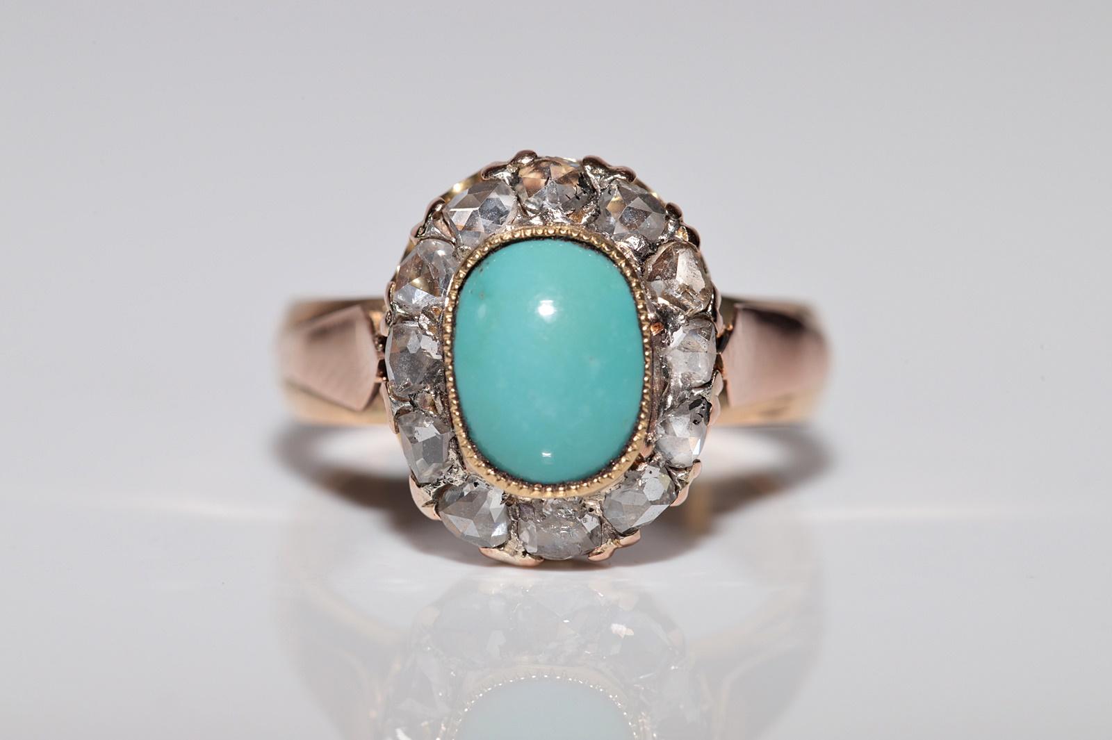Antique 18k Gold 1888 Written Natural Rose Cut Diamond And Turquoise Ring In Good Condition For Sale In Fatih/İstanbul, 34