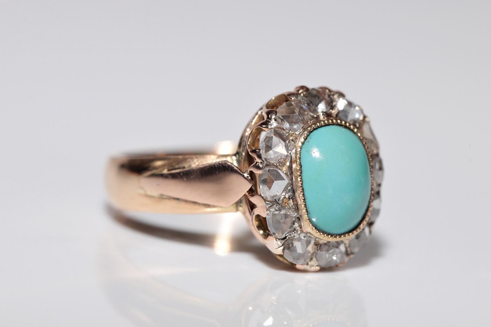 Women's Antique 18k Gold 1888 Written Natural Rose Cut Diamond And Turquoise Ring For Sale