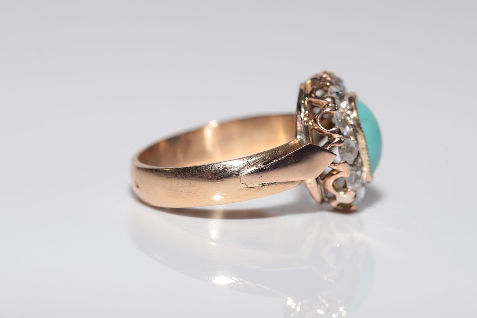 Antique 18k Gold 1888 Written Natural Rose Cut Diamond And Turquoise Ring For Sale 1