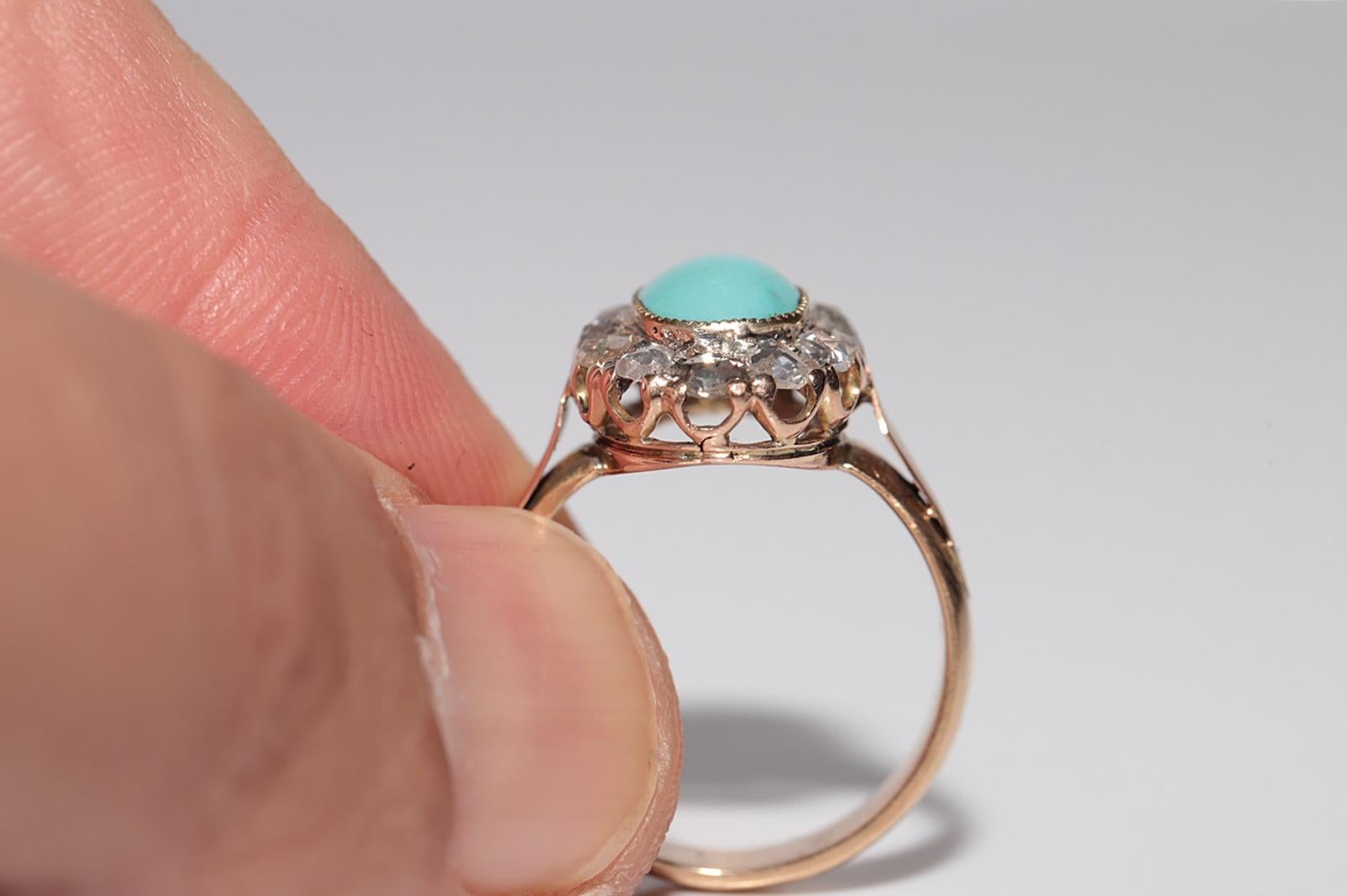 Antique 18k Gold 1888 Written Natural Rose Cut Diamond And Turquoise Ring For Sale 2