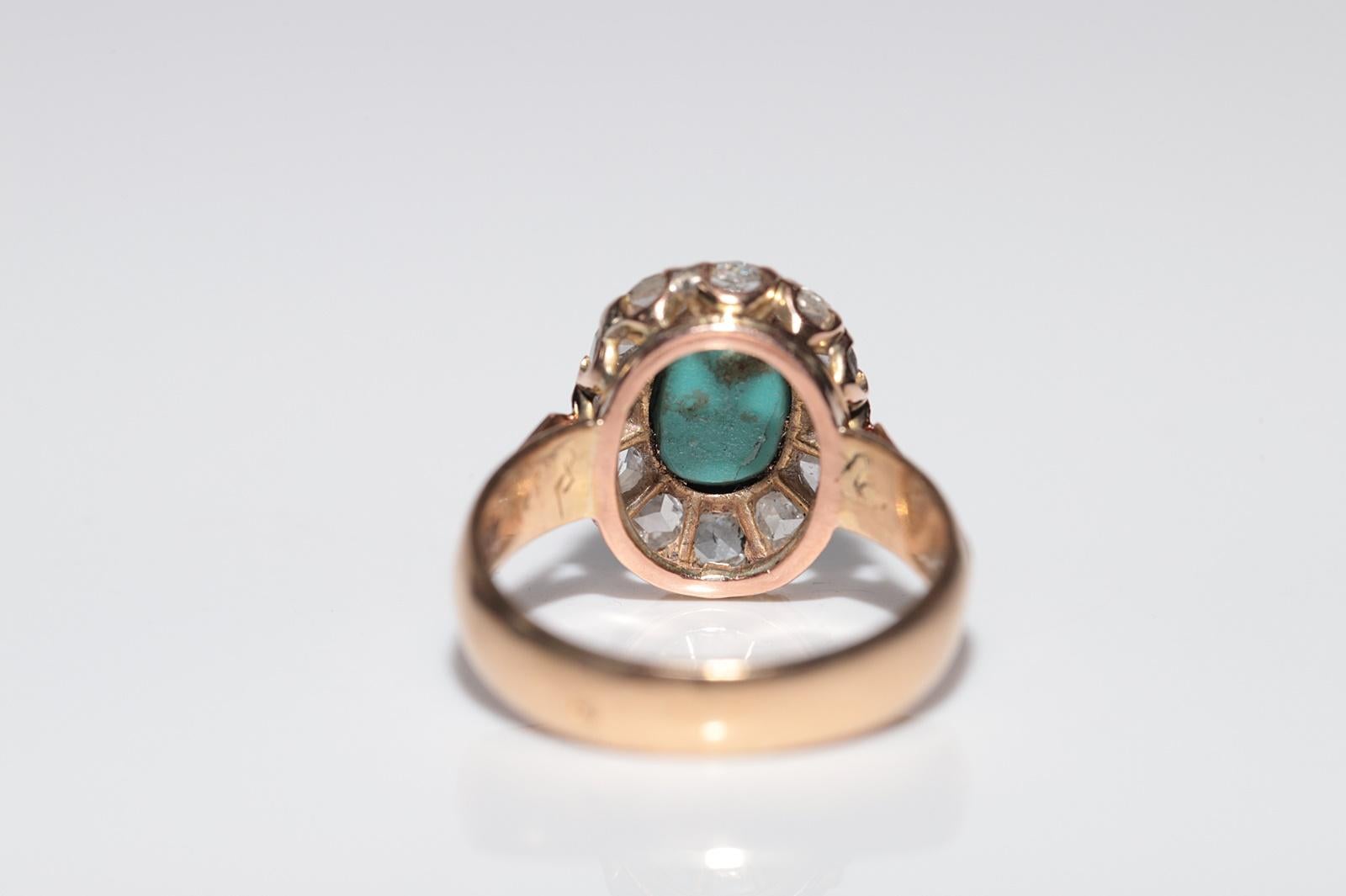 Antique 18k Gold 1888 Written Natural Rose Cut Diamond And Turquoise Ring For Sale 3