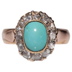 Bague ancienne en or 18 carats, diamants naturels taille rose et turquoise, éditée en 1888
