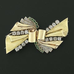 Antique 18k Gold 3.24ctw Old Cut Diamond & Emerald Ribbon Dual Dress Clip Brooch