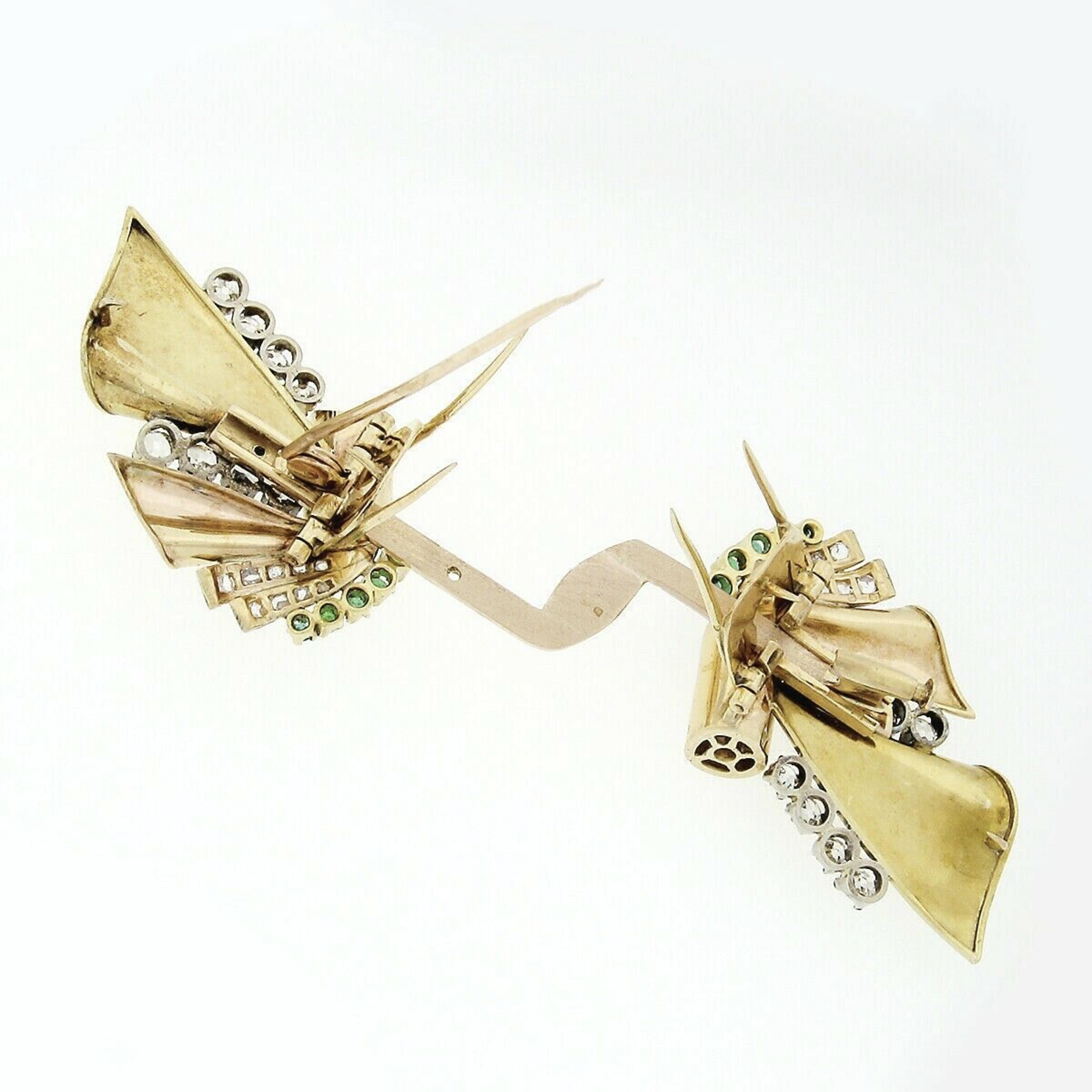 Old Mine Cut Antique 18k Gold 3.24ctw Old Cut Diamond & Emerald Ribbon Dual Dress Clip Brooch For Sale