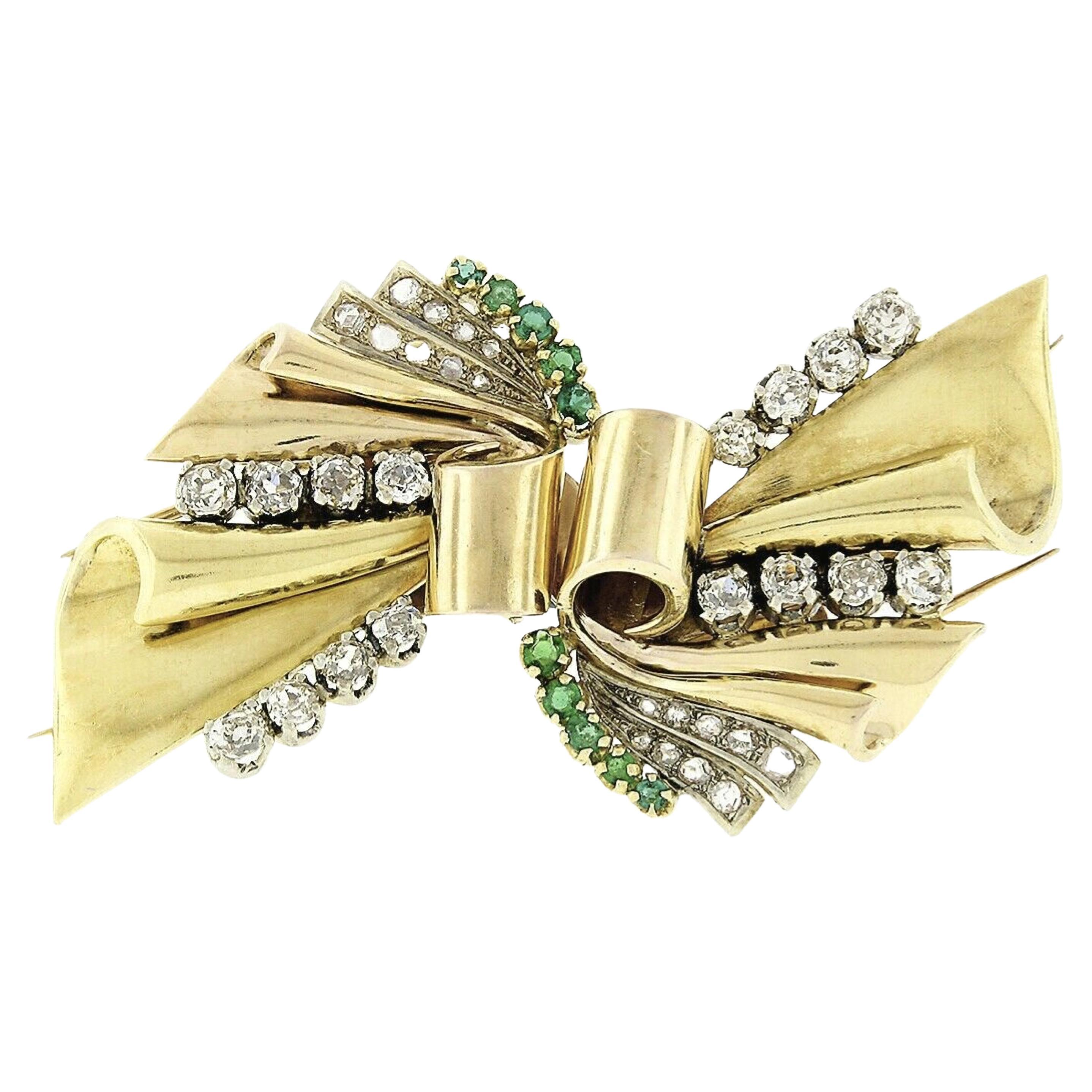 Antique 18k Gold 3.24ctw Old Cut Diamond & Emerald Ribbon Dual Dress Clip Brooch For Sale