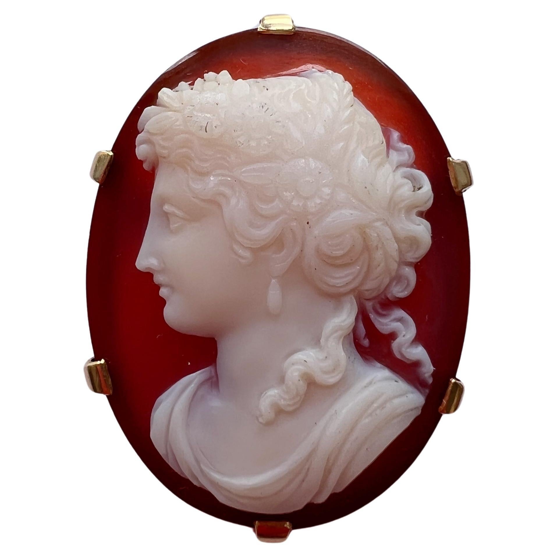 Antique 18K gold agate female portrait cameo brooch For Sale