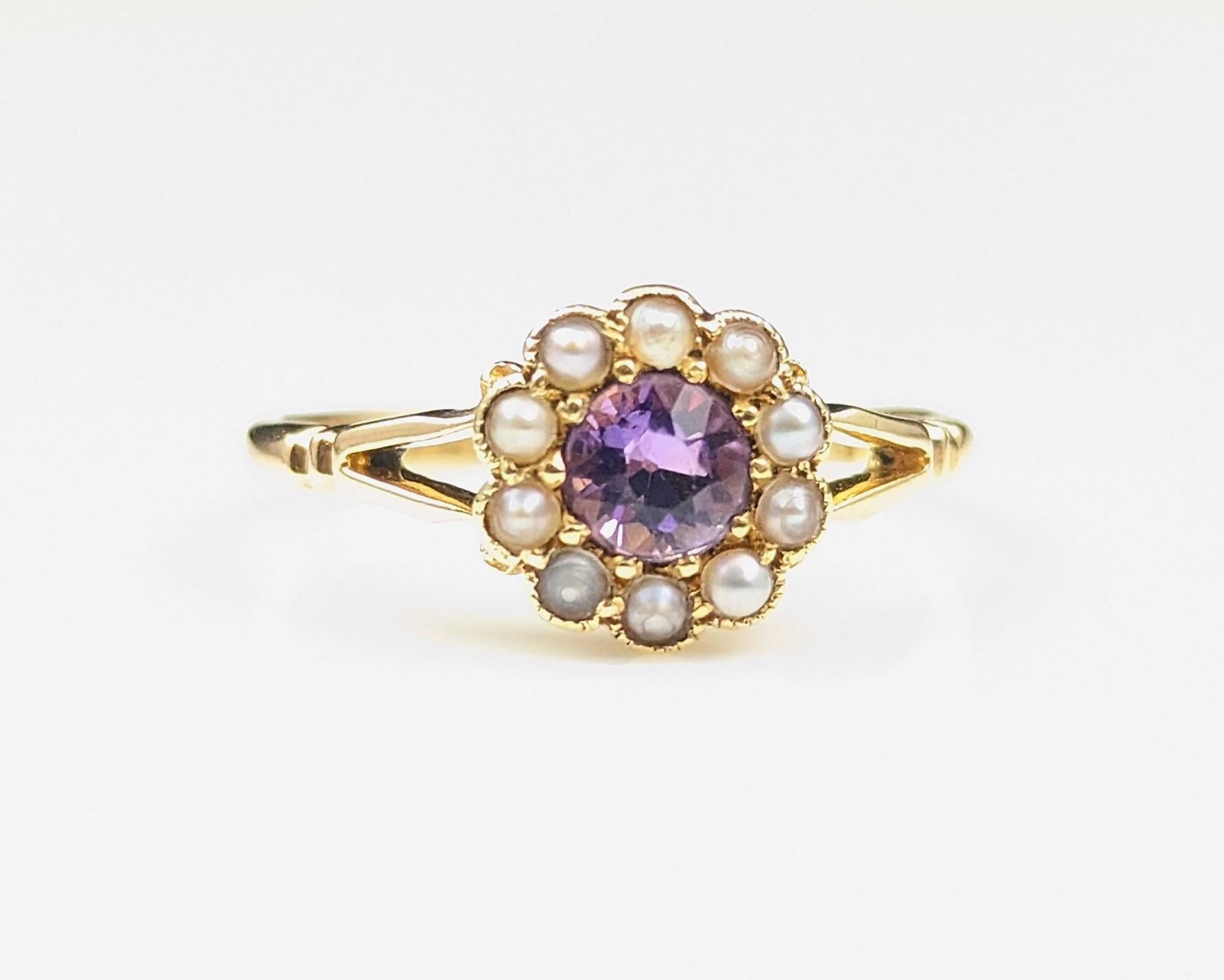 Antique 18k Gold Amethyst and Pearl Cluster Ring, Floral For Sale 4