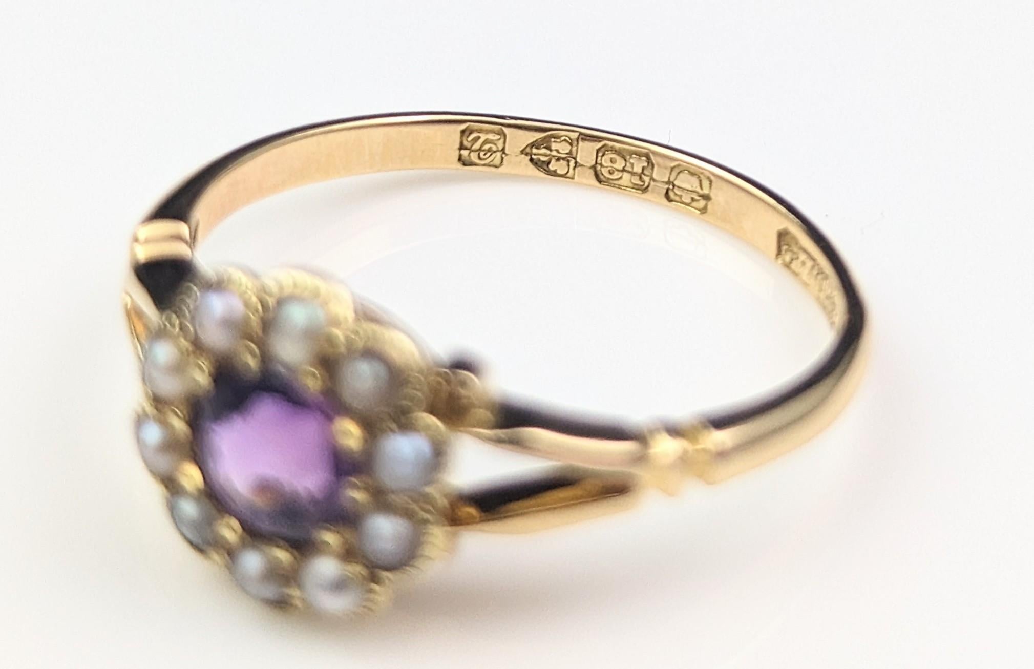 Antique 18k Gold Amethyst and Pearl Cluster Ring, Floral For Sale 7